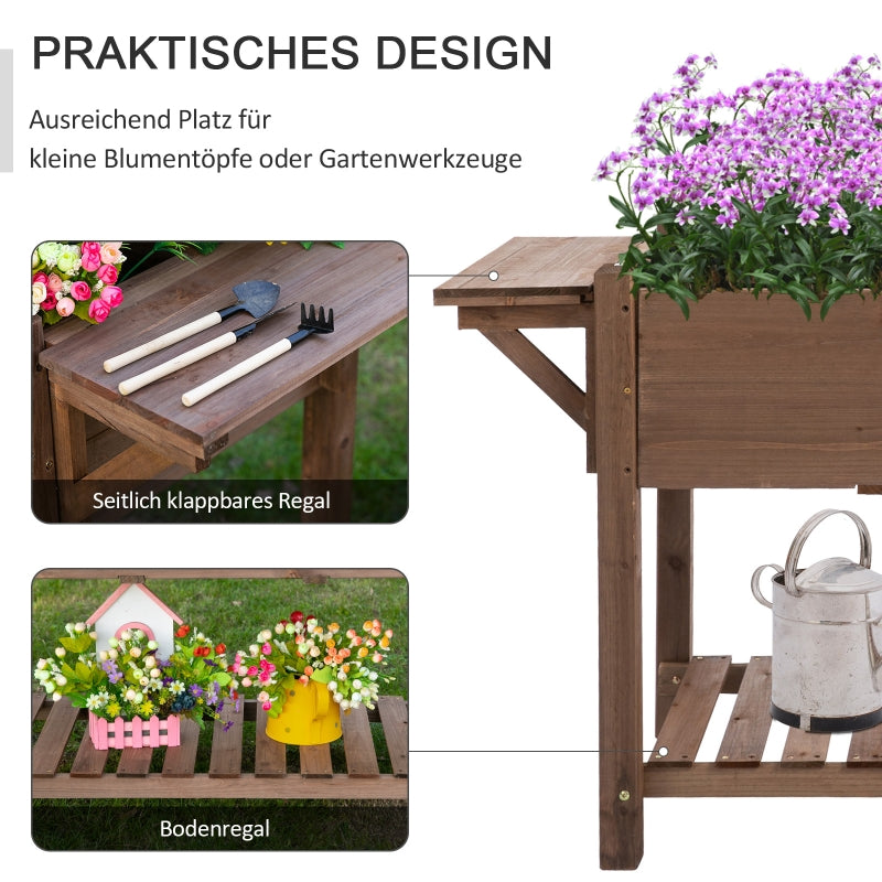 Raised Bed Planter, 8 Grids & Foldable Shelf, Solid Wood, Brown
