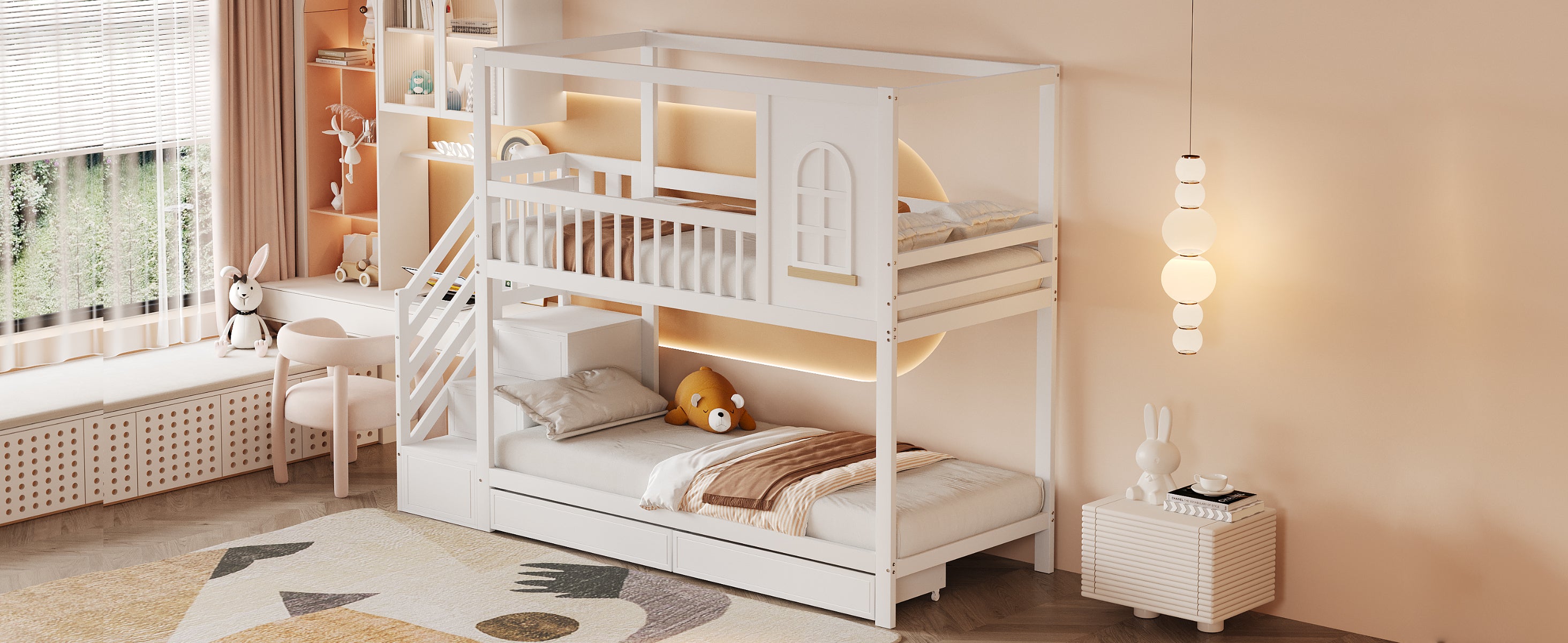 Bunk Bed Solid Wood 90x200cm House Shape with Drawers and Ladder, White