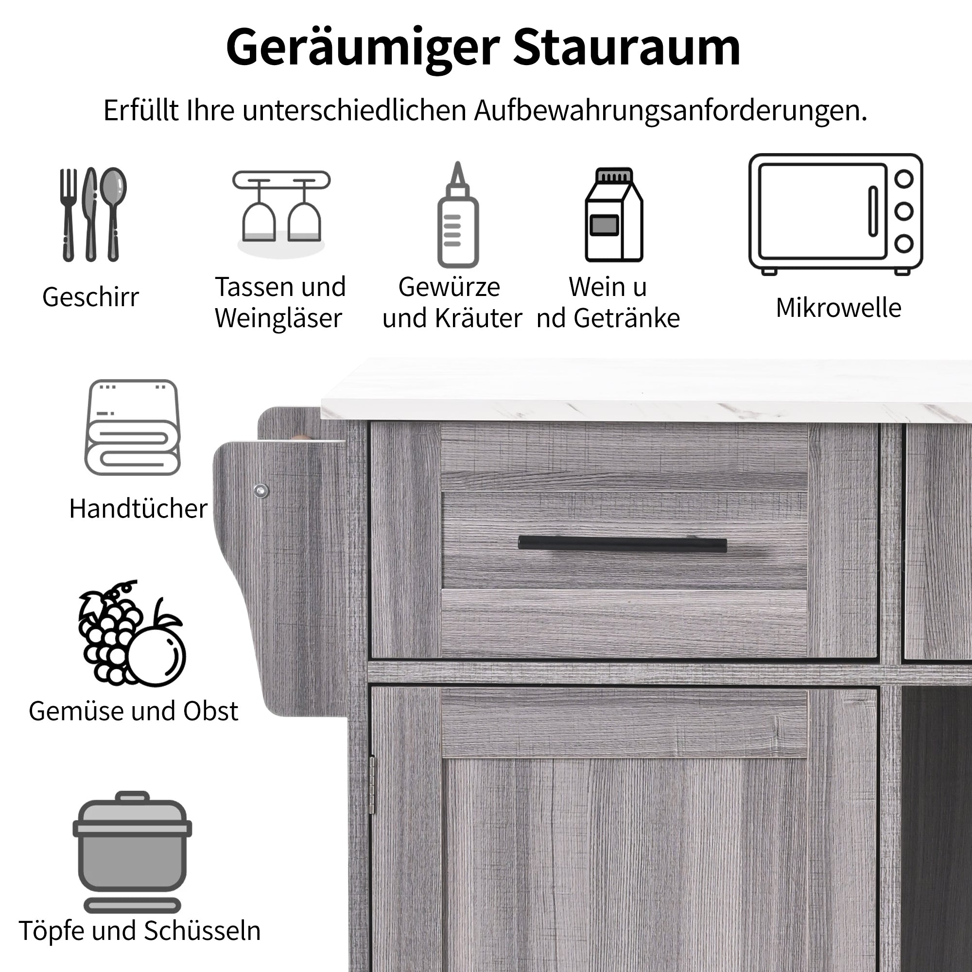 Serving Trolley Side Cabinet 139cm Folding Worktop Storage Doors Grey/White Veneer