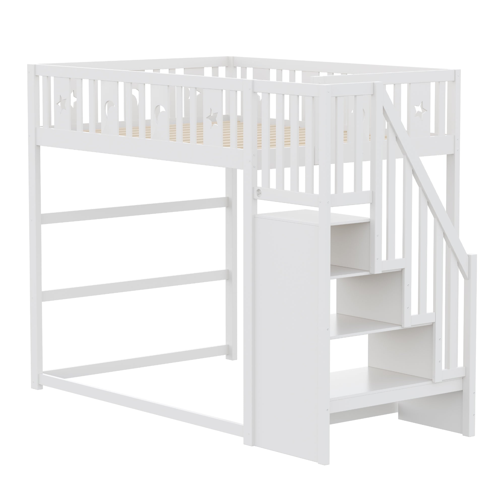 Children's Bunk Bed with Stairs, Safety Railing & Star/Moon Decor, Solid Wood White