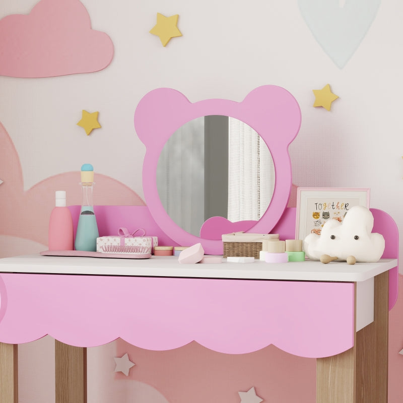 AIYAPLAY Dressing Table Set with Stool, Makeup Mirror, Bear Shape, MDF, Pink