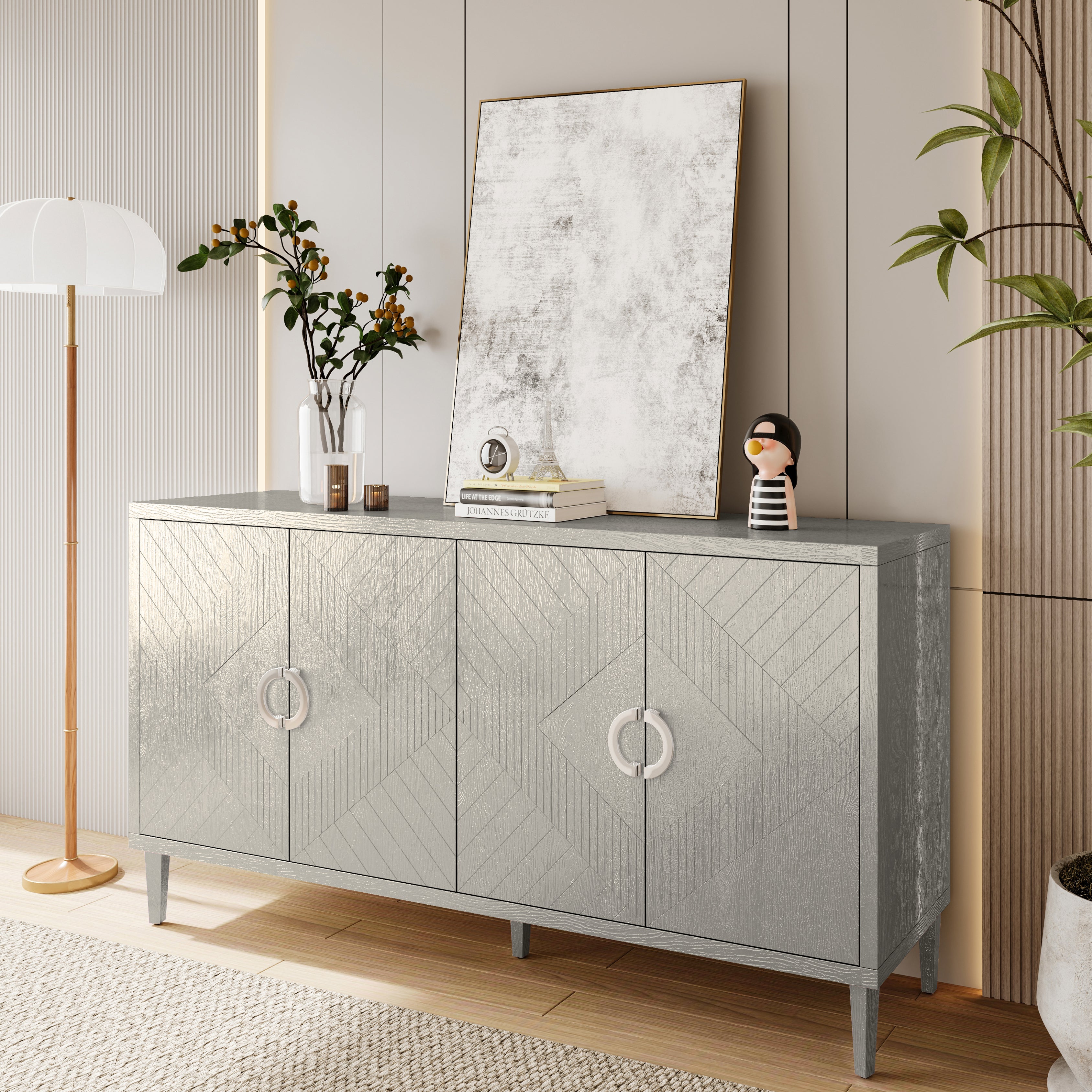 Storage Cabinet, 152CM 4-Door with Pine Legs, MDF Champagne