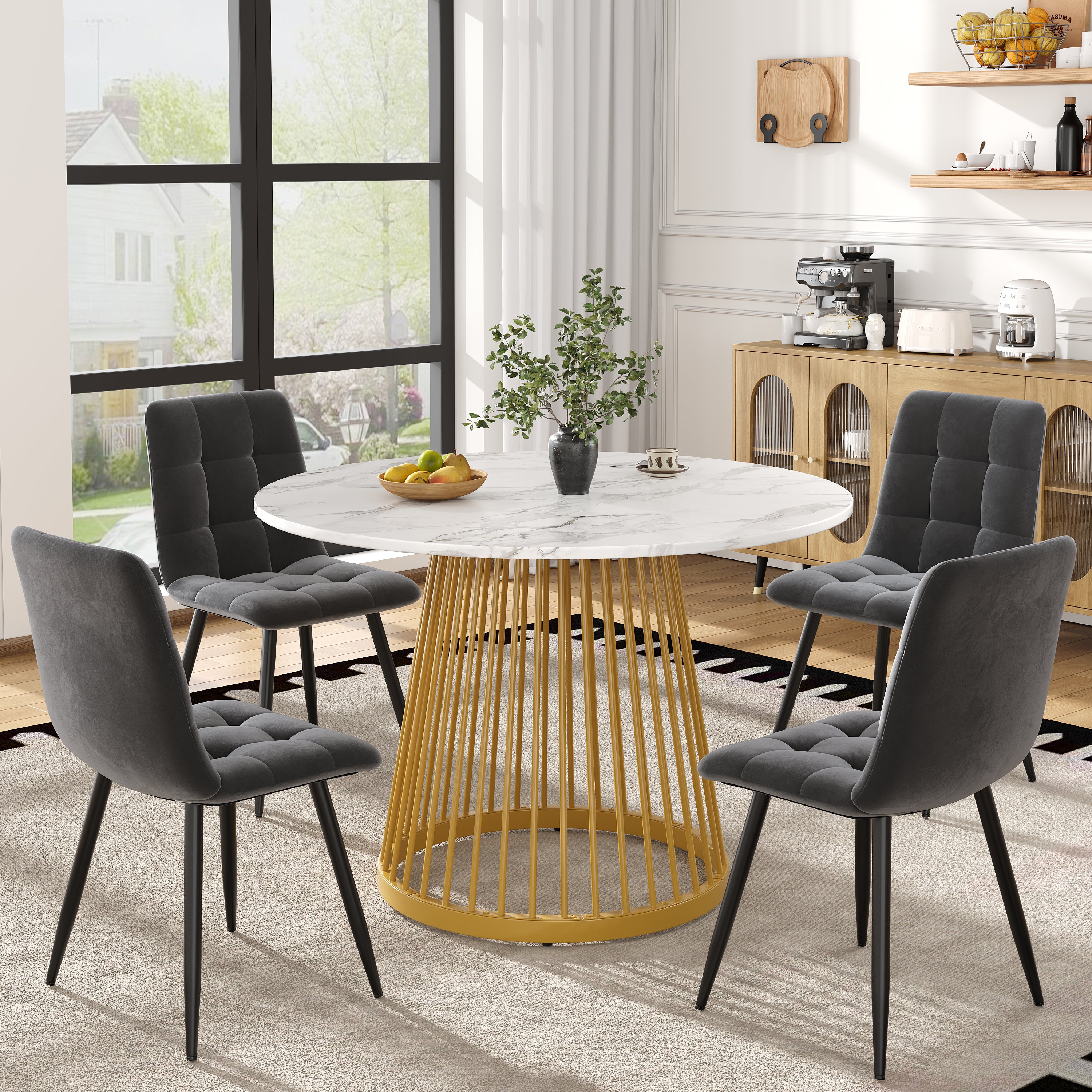 Dining Table Set, 5-Piece Round with 4 Chairs, Gold Metal Legs, White MDF & Dark Grey Velvet