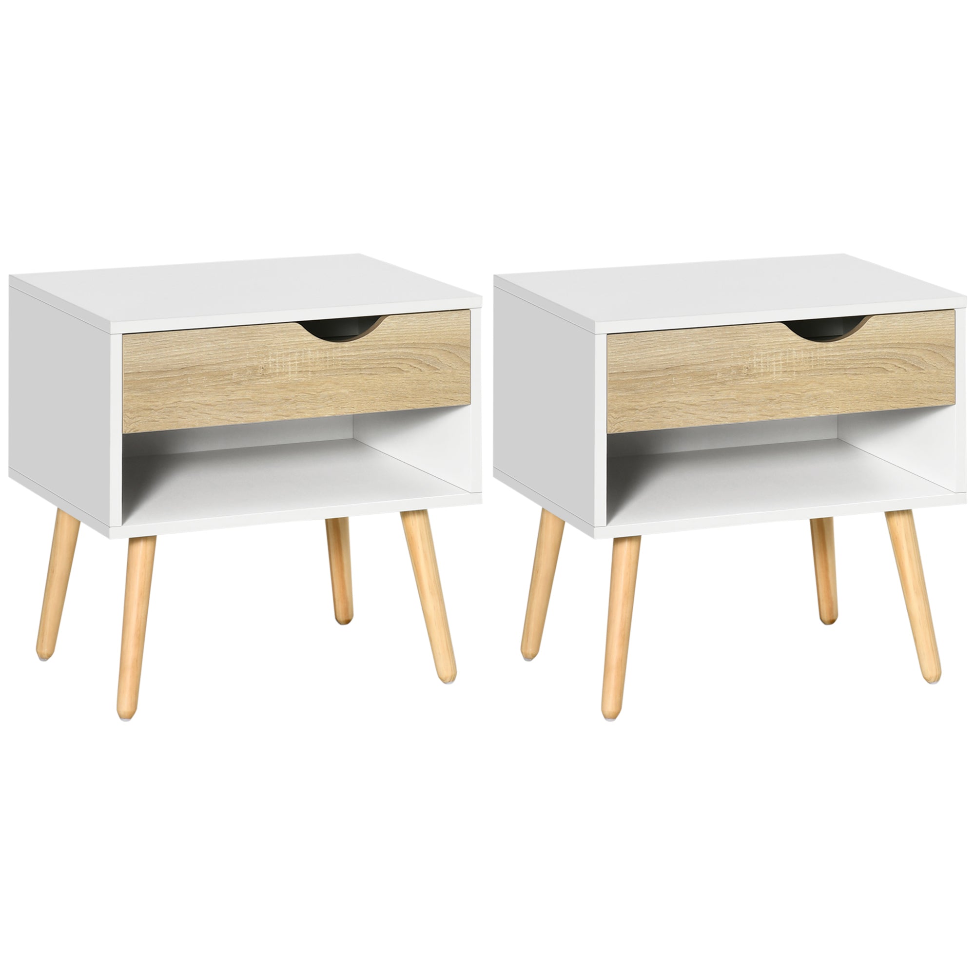 Set of 2 Bedside Tables with Drawer and Shelf, Wood/Particle Board