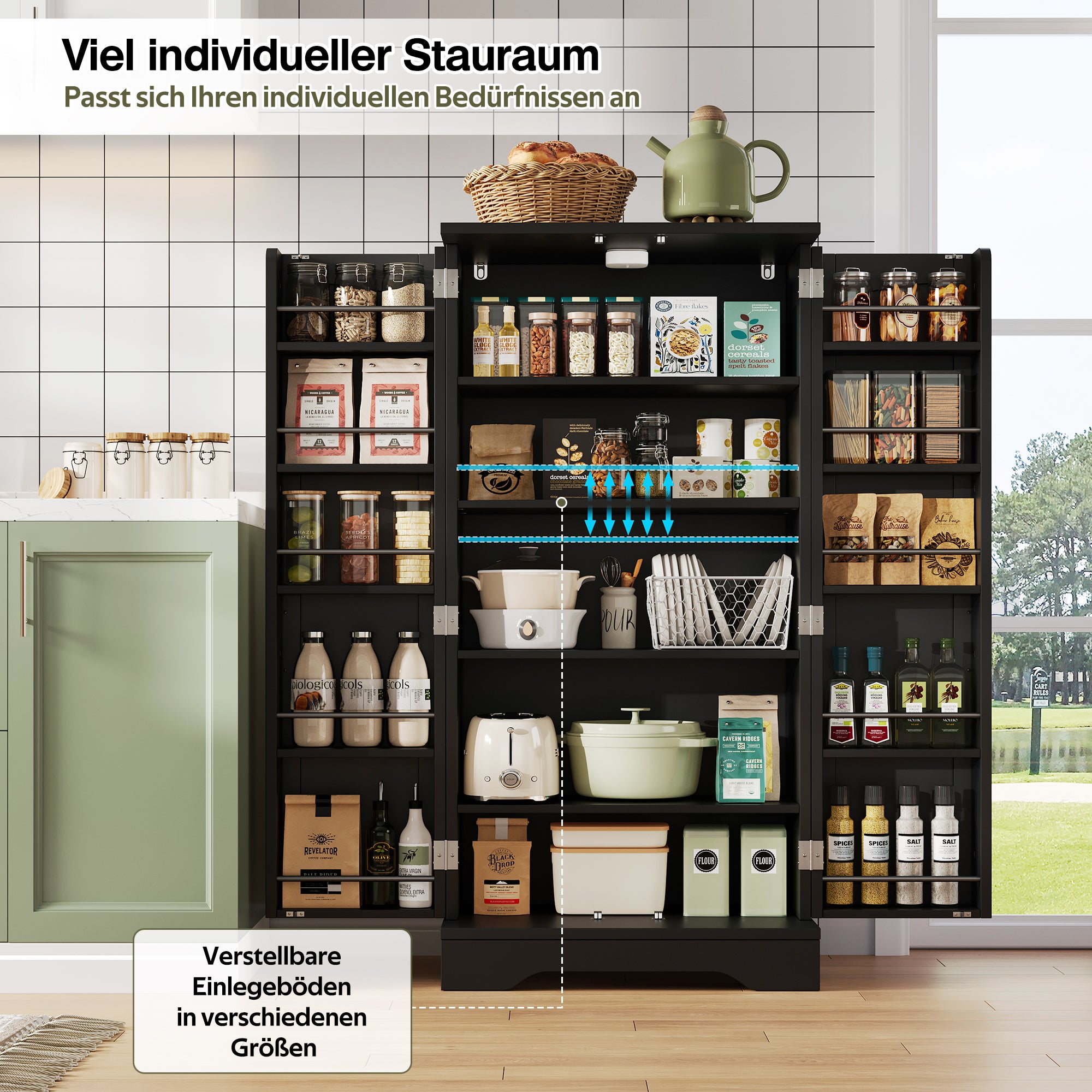 Storage Cabinet 2-Door LED Sensor Light Adjustable Shelves - Black