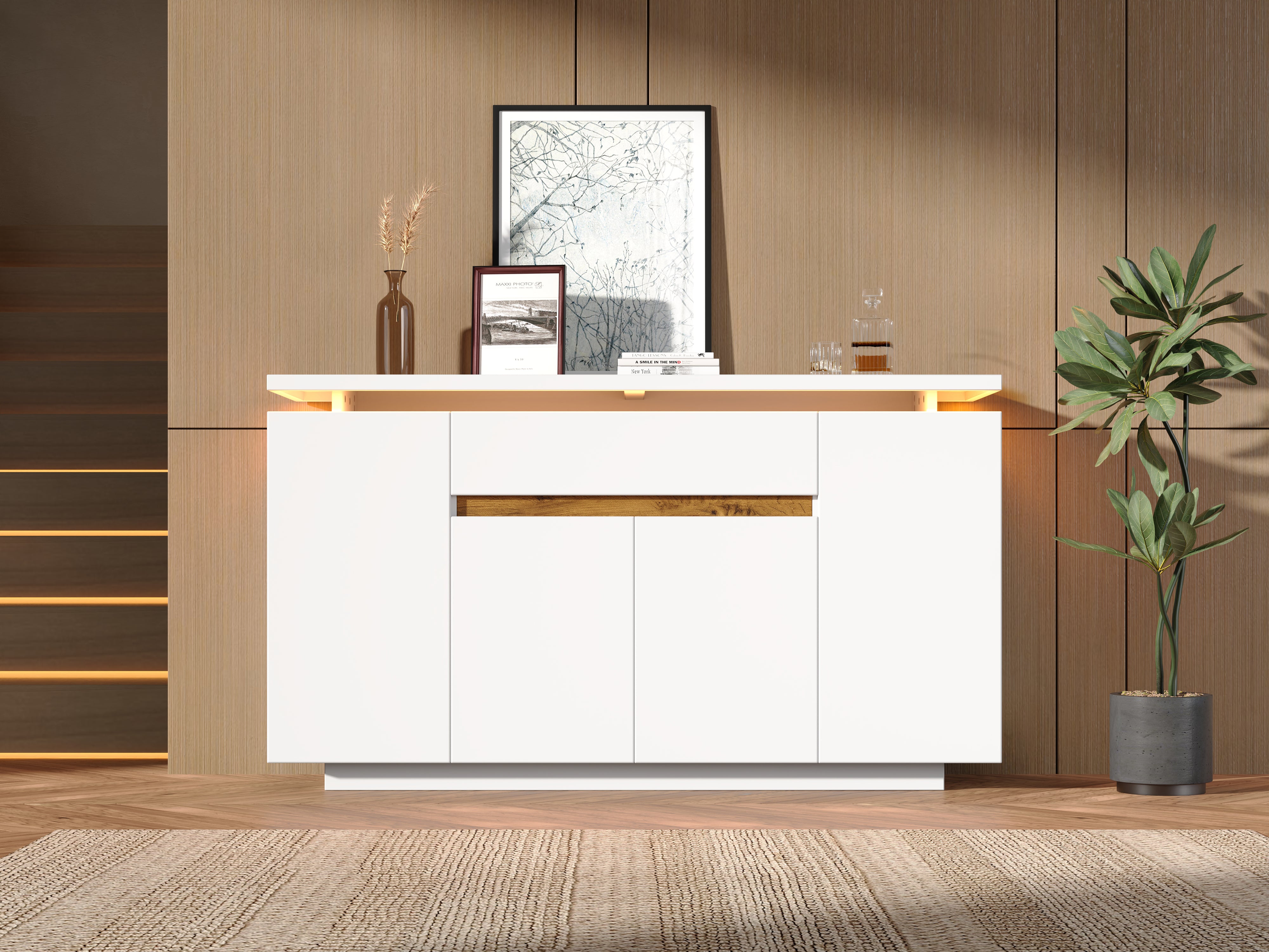Sideboard Chest of Drawers LED Lighting 1 Drawer 4 Door Storage White