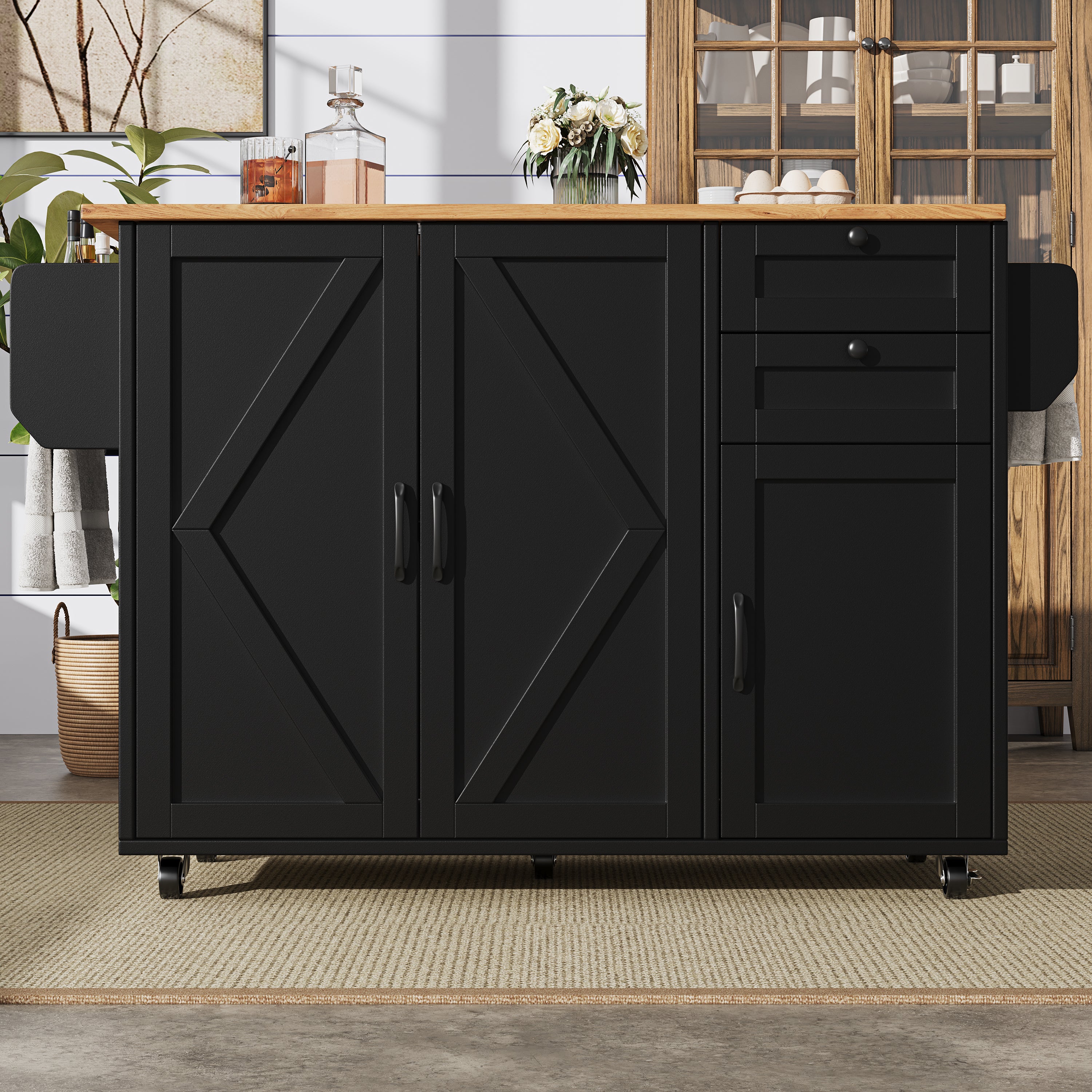 Multifunctional Kitchen Island Dining Table with Storage, Snack Shelves, Wood Grain Black