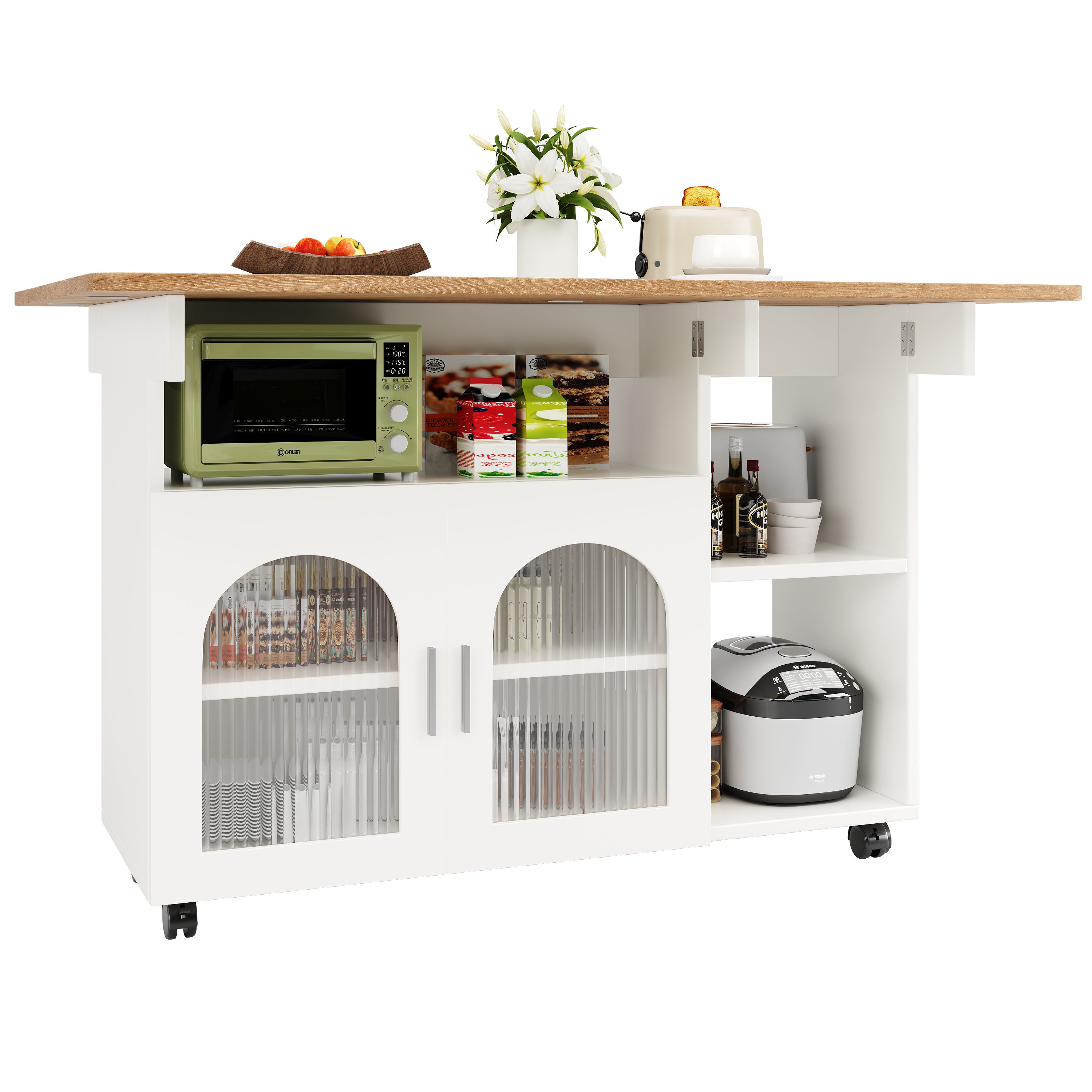 Kitchen Island Dining Cart - Multifunctional Storage, Removable - White Wood Grain