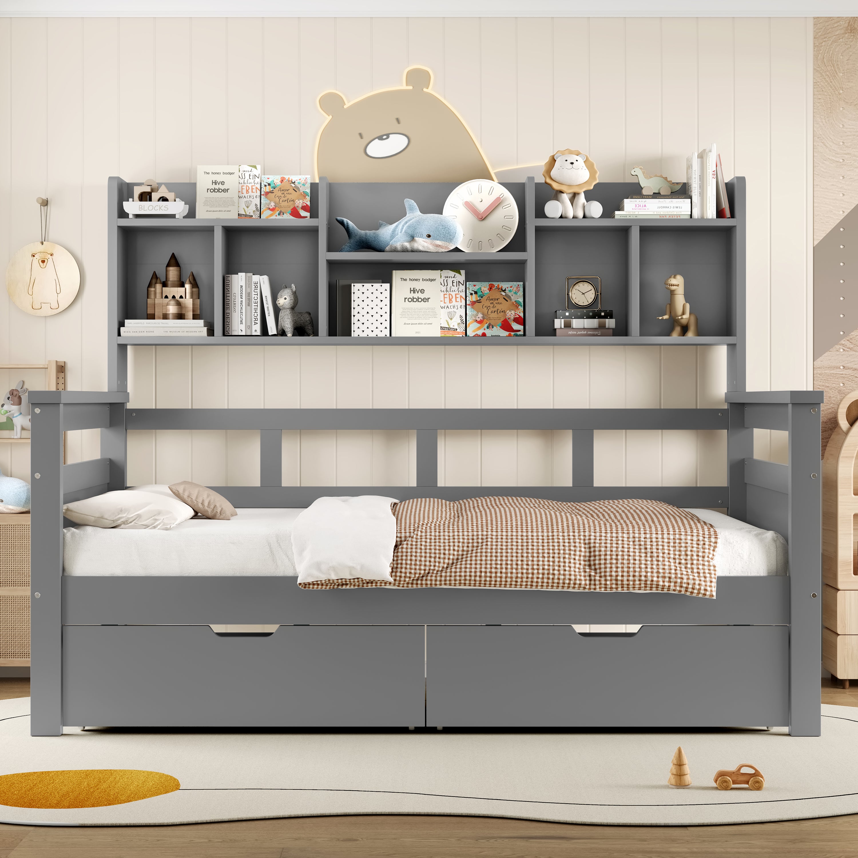 3ft Single Bed with Two Storage Drawers, Bookcase Headboard, and Guardrail, Wooden, Grey