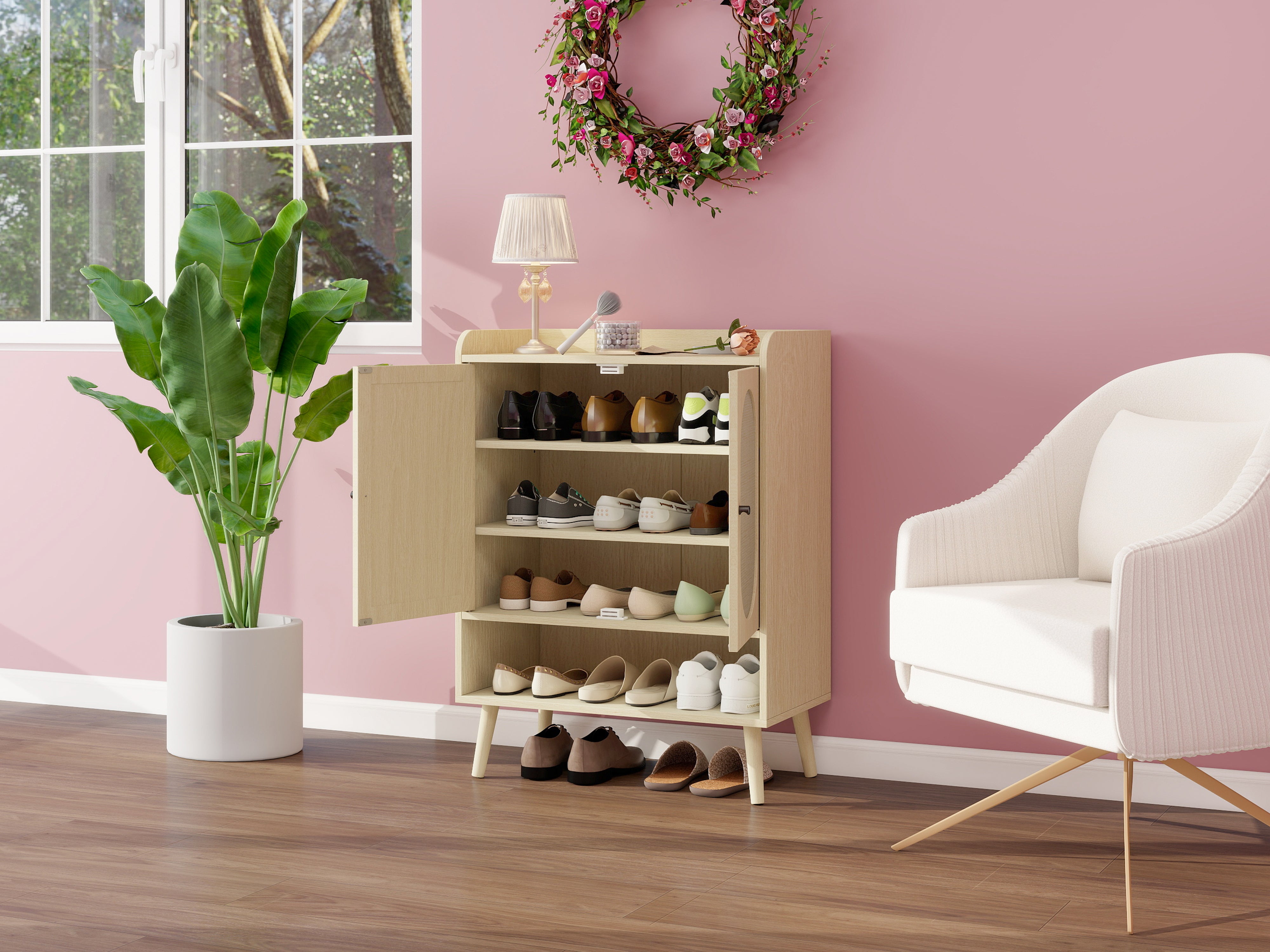 Shoe Cabinet with Double Doors, Storage & Open Shelf, Natural Rattan