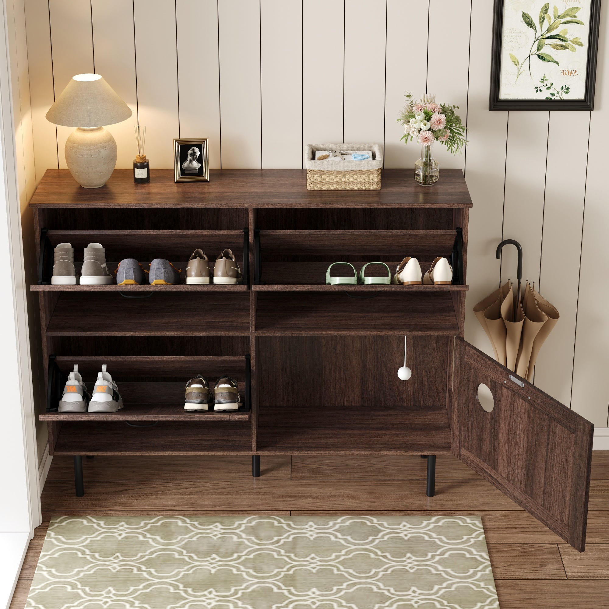 Narrow shoe cabinet with 3 flaps and pet toy storage, for hallway use