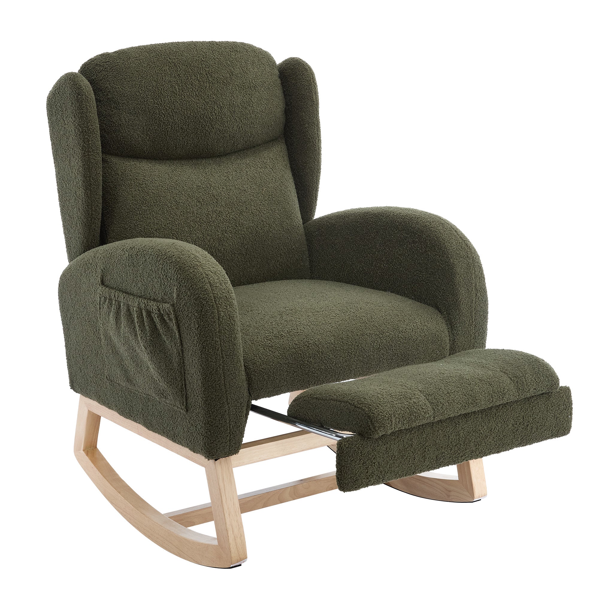049B Rocking Chair, Nursing Lounge Chair with Adjustable Footrest, High Back, Teddy Fabric, Green