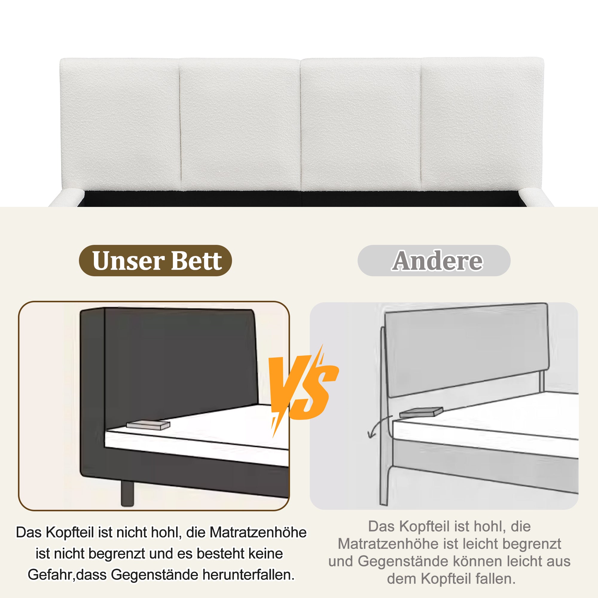 Upholstered Double Bed, 180x200cm Slatted Base Headboard, Beige Bouclé