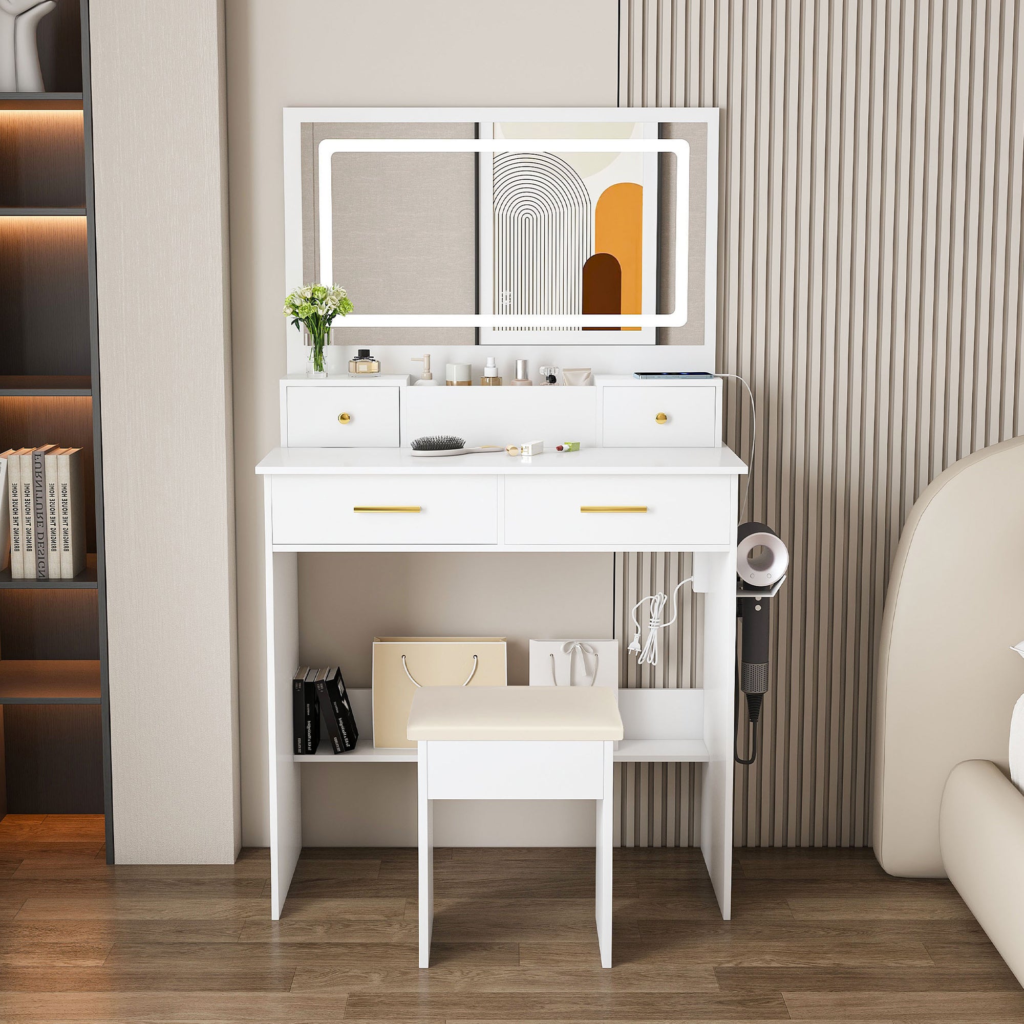 Bedroom Dressing Table, XXL Mirror, Stool, Socket, 4 Drawers, LED Light - White