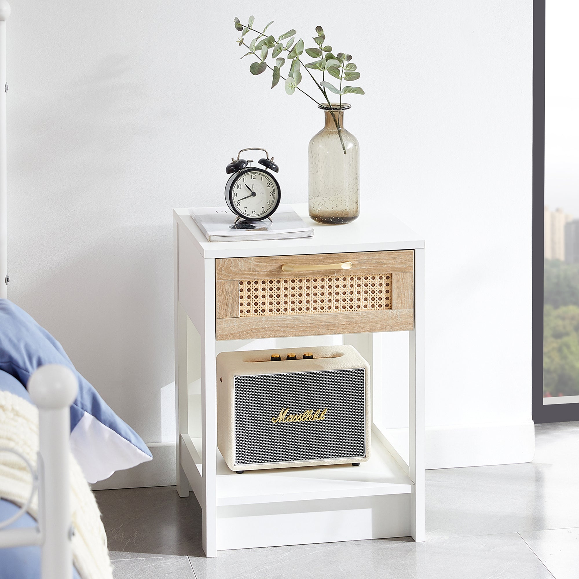 Rattan Side/Bedside Table with Drawer Modern - White