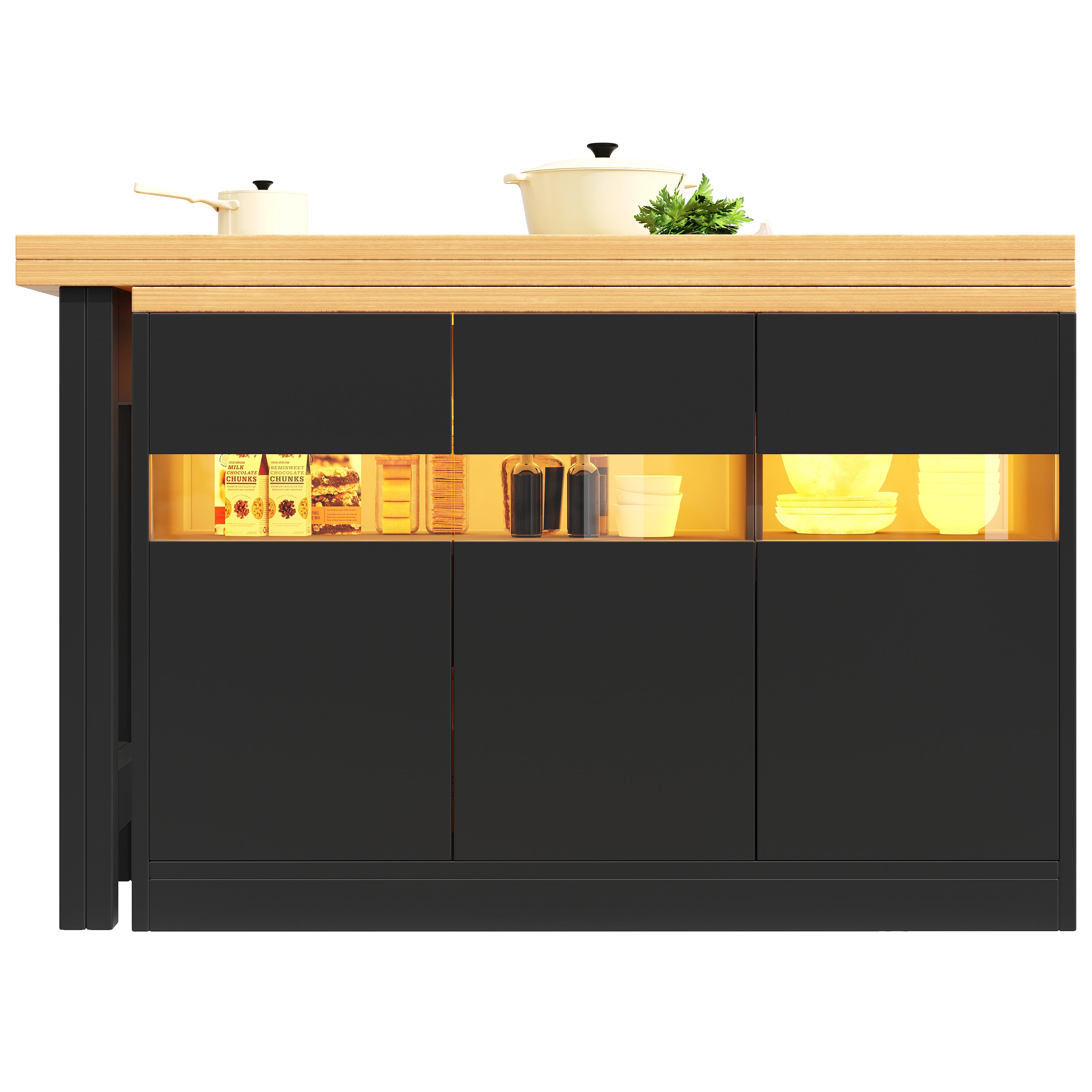 Extendable Bar Table with LED Lighting and 360° Swivel, 120-180cm Kitchen Island with Storage, MDF