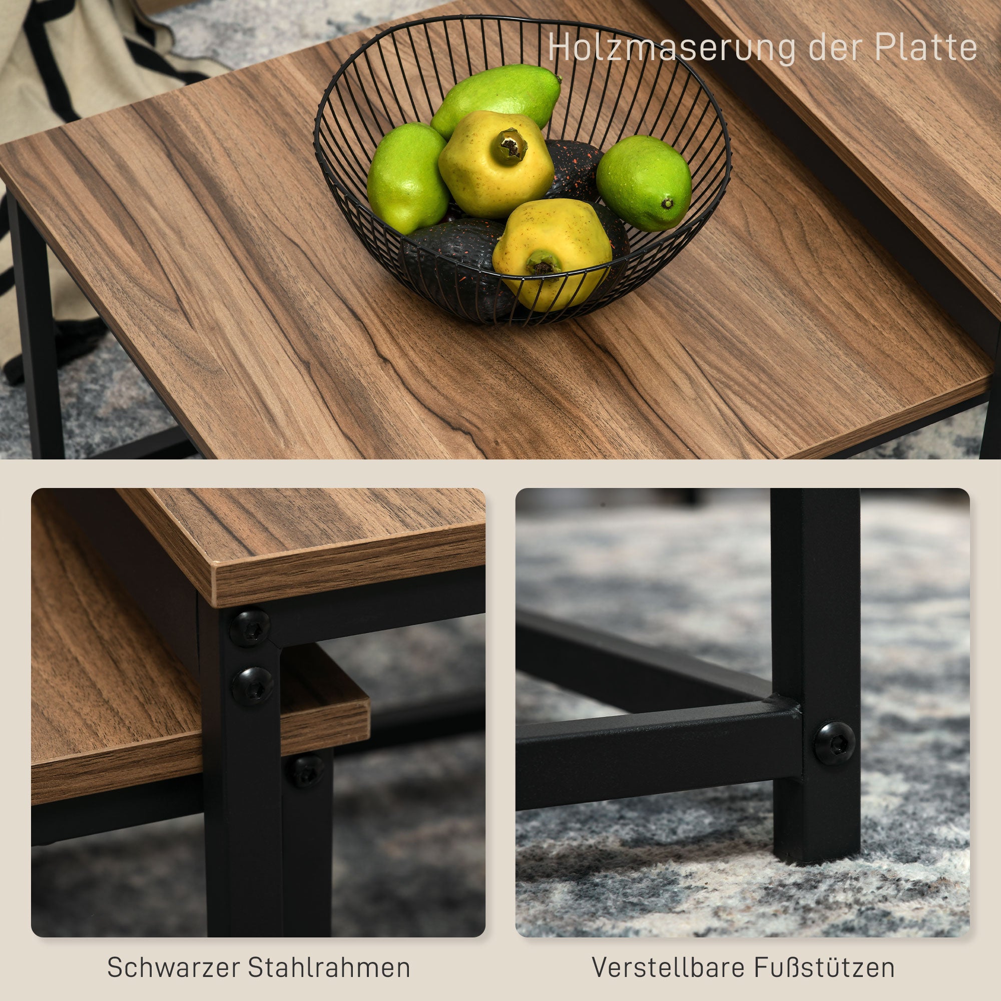 Coffee Table 2 Side Tables Industrial Design with Wood Look and Steel in Natural
