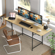 Folding Computer Desk with 2 Pull-out Panels and Sturdy Metal Legs, Oak+Black