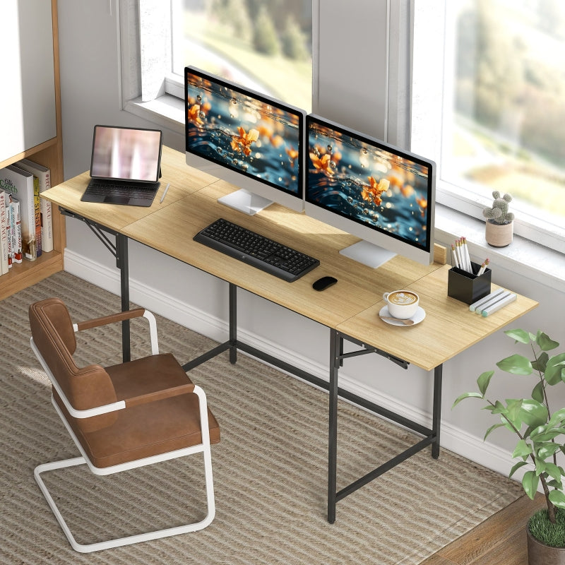 Folding Computer Desk with 2 Pull-out Panels and Sturdy Metal Legs, Oak+Black