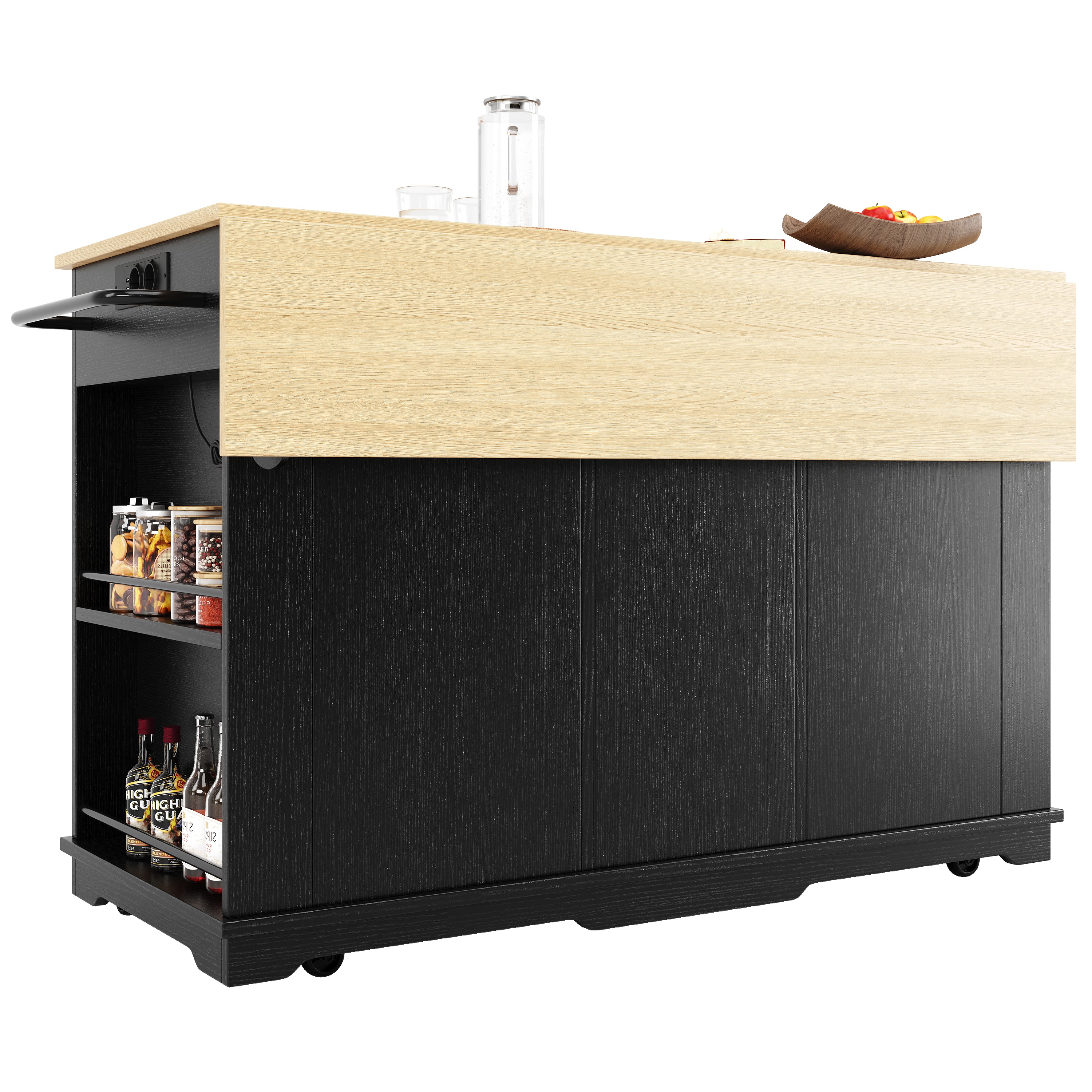 Kitchen Island Trolley Worktop Power Strip Wood Grain Storage - Black