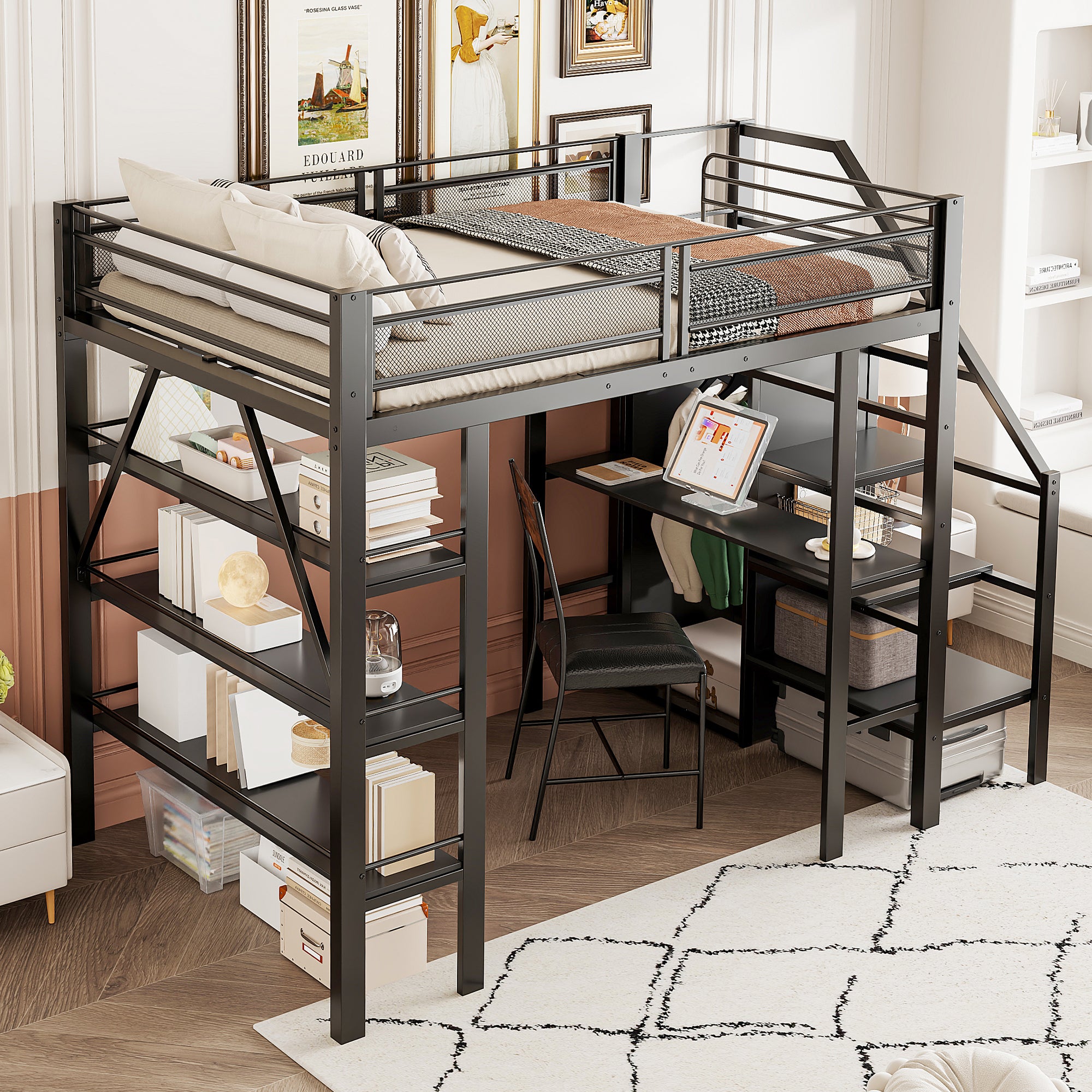 Loft Bed 140x200cm Storage Shelf Desk Wardrobe Iron, Black