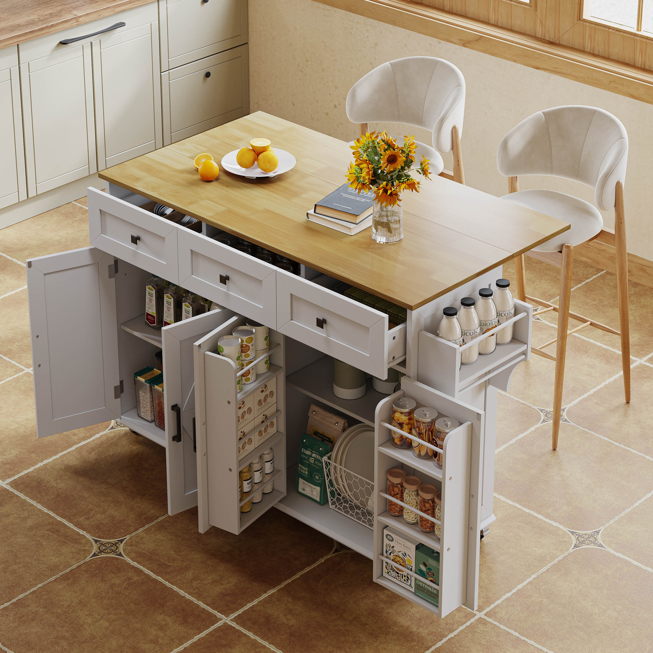 Kitchen Island Fold-Down Worktop 4 Doors 3 Drawers Barn Style with Casters - White