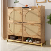 Elegant Shoe Cabinet 4 Doors Metal Frame Top Shelf Wooden Rattan