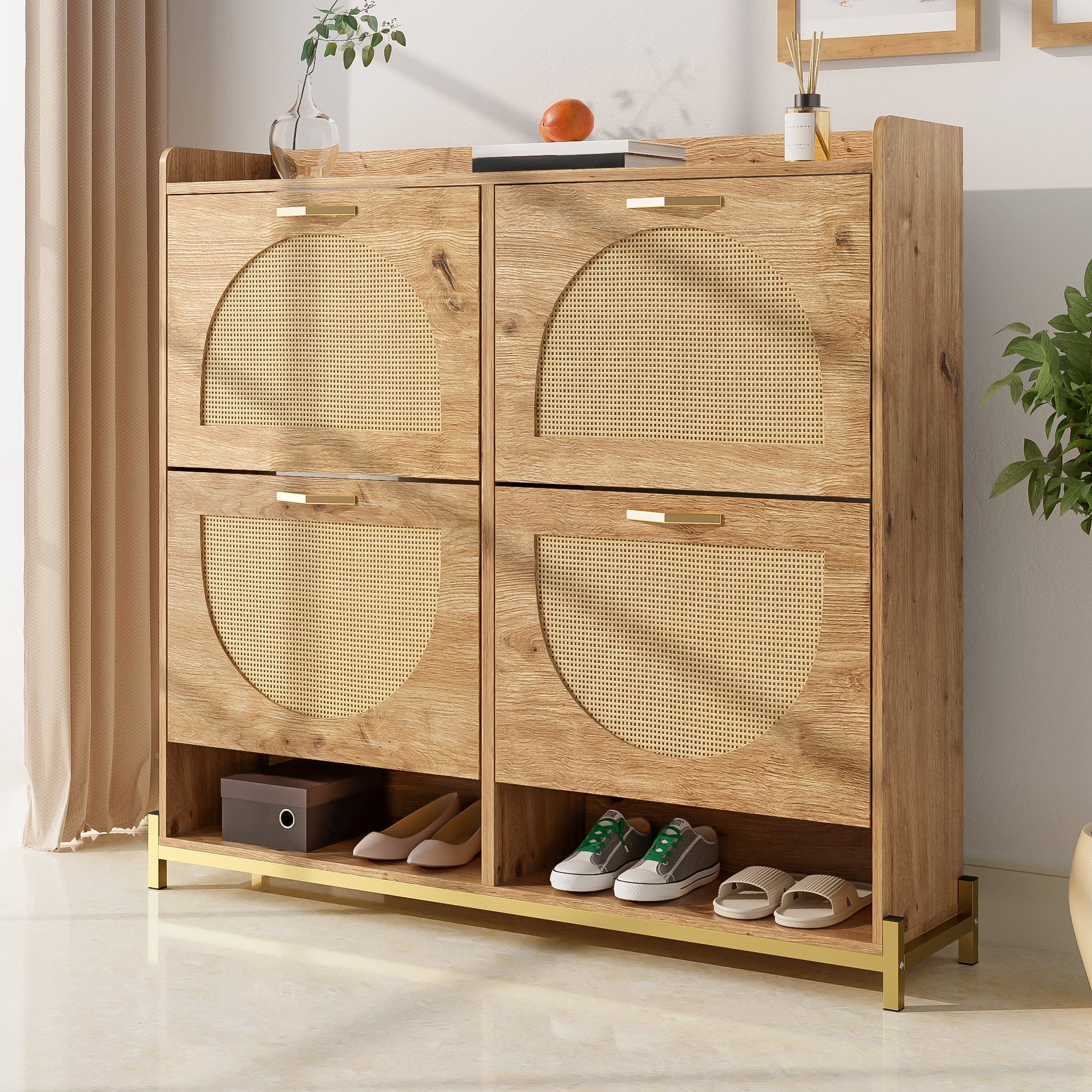 Elegant Shoe Cabinet 4 Doors Metal Frame Top Shelf Wooden Rattan