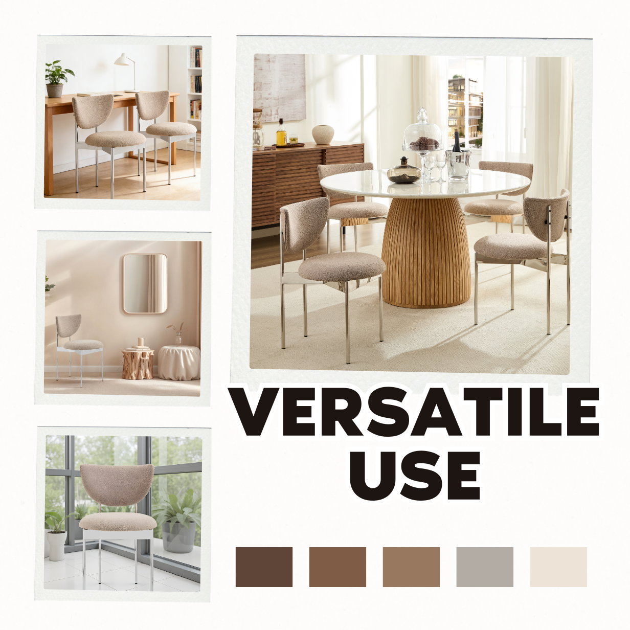 Lunar Dining Chair, Modern Metal Frame Set of 2, Beige/Khaki