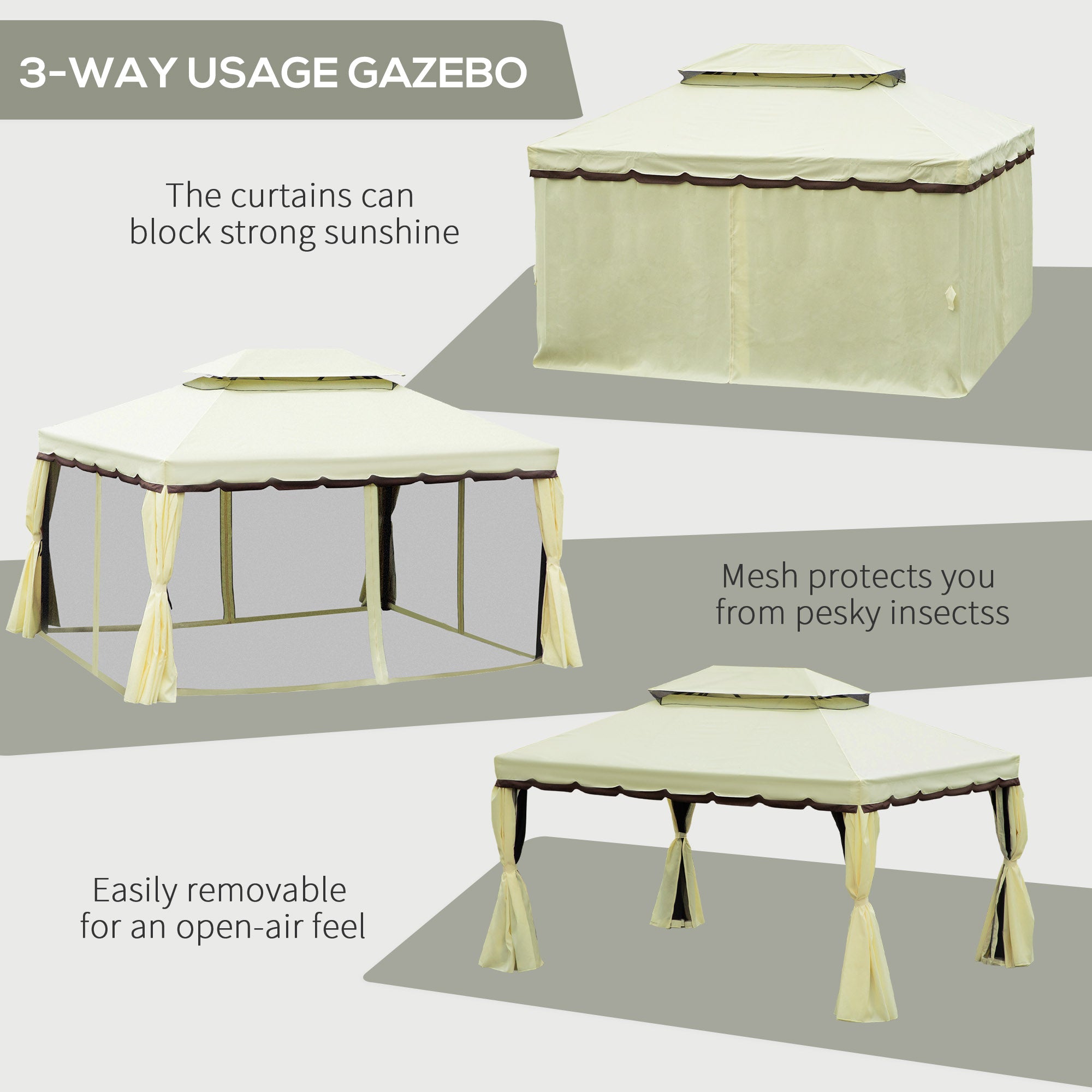4 x 3 m Garden Gazebo, Double Roof with Netting & Curtains, Aluminum Cream