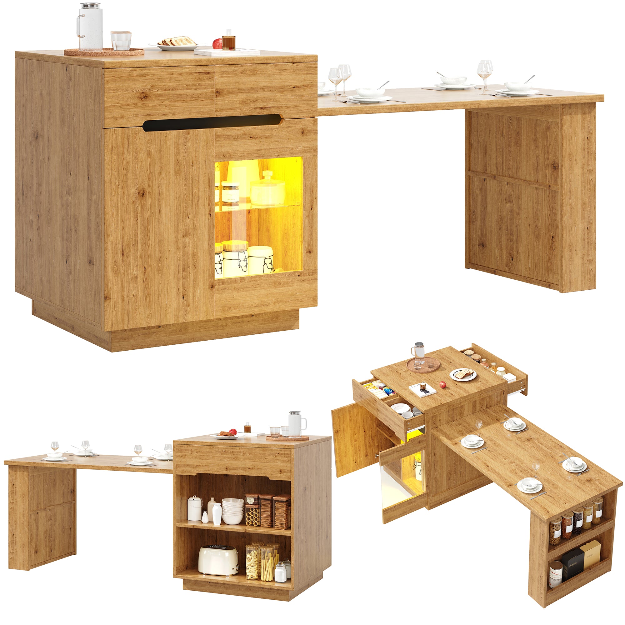 Kitchen Island with Extendable Table, Multifunctional Cabinet with LED Lighting and Drawers, Oak Look