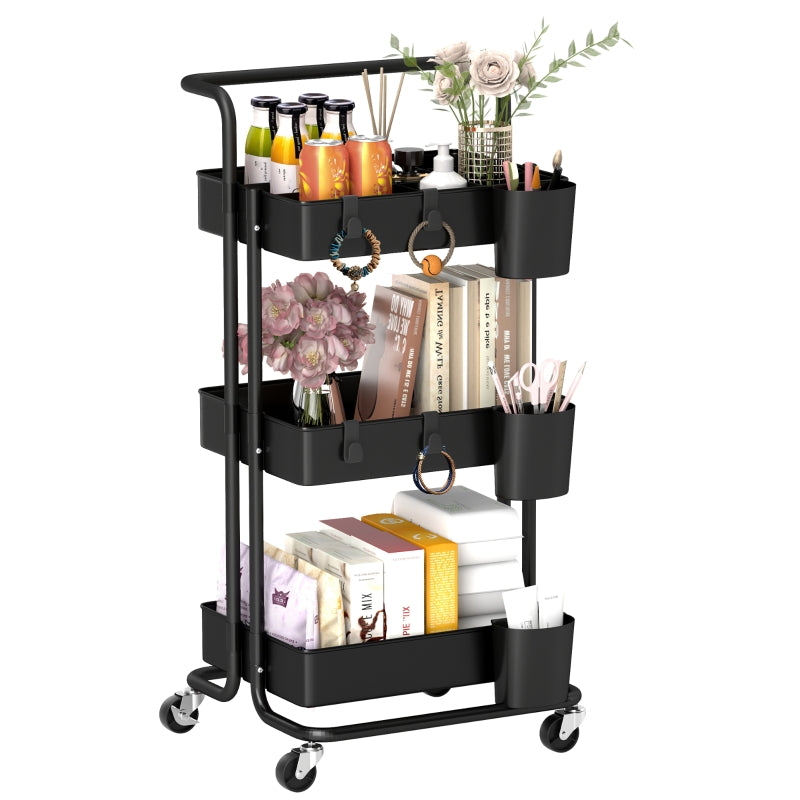 Three-Tier Home Trolley with Handle and Wheels, Black