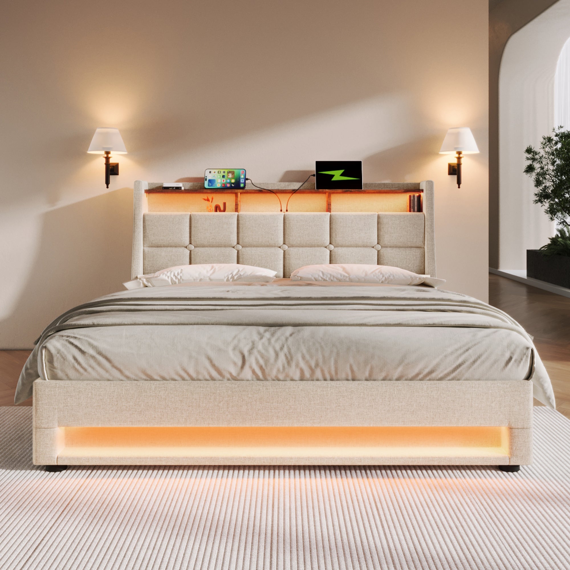 Upholstered Double Bed 4FT6 with LED Lighting, USB Type-C Charging, Storage Headboard, Beige Linen