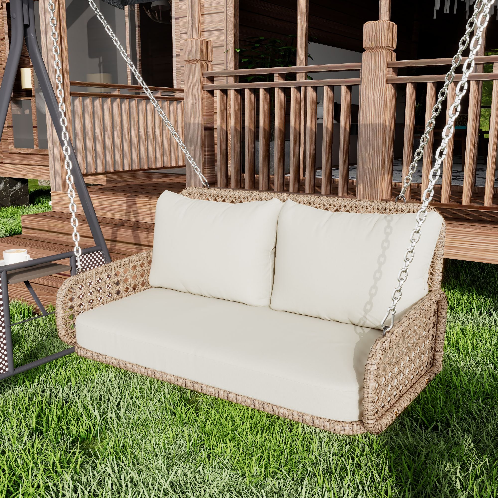 PE Rattan Double Swing Seat with Cushions and Chains, 320kg Capacity, Beige