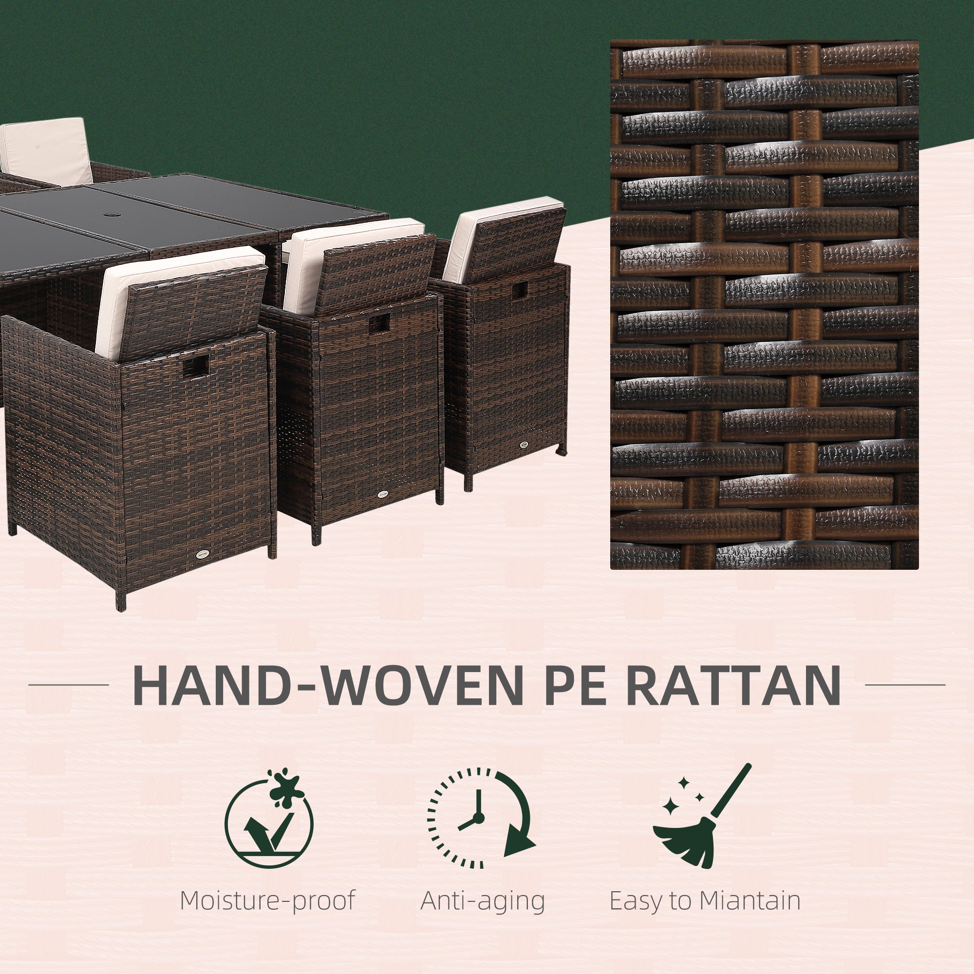 10 Seater Rattan Cube Garden Dining Set w/ Parasol Hole & Cushions, Glass Top, Mixed Brown