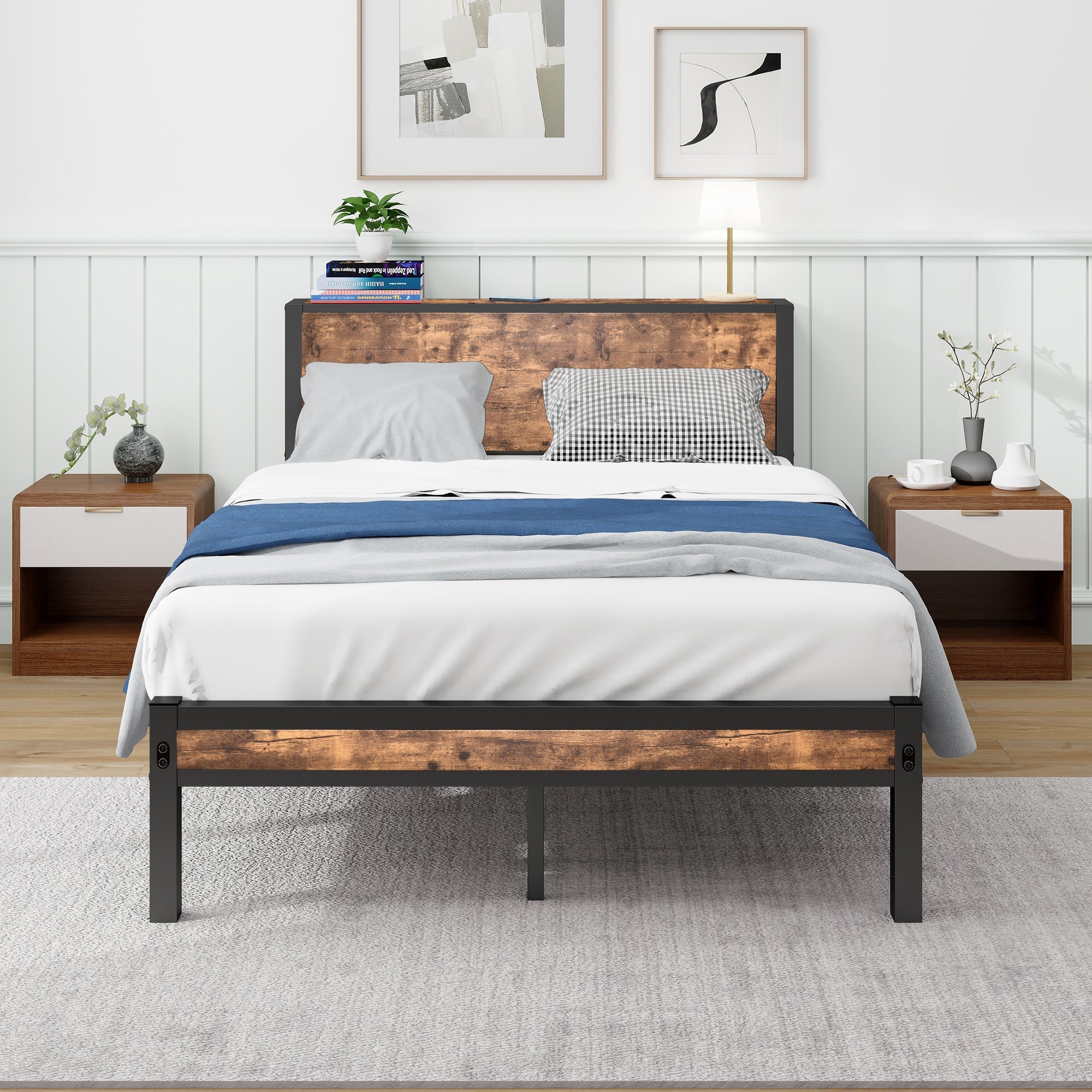 Metal Platform Bed Frame with Storage Headboard, Noise-Free, Vintage Brown