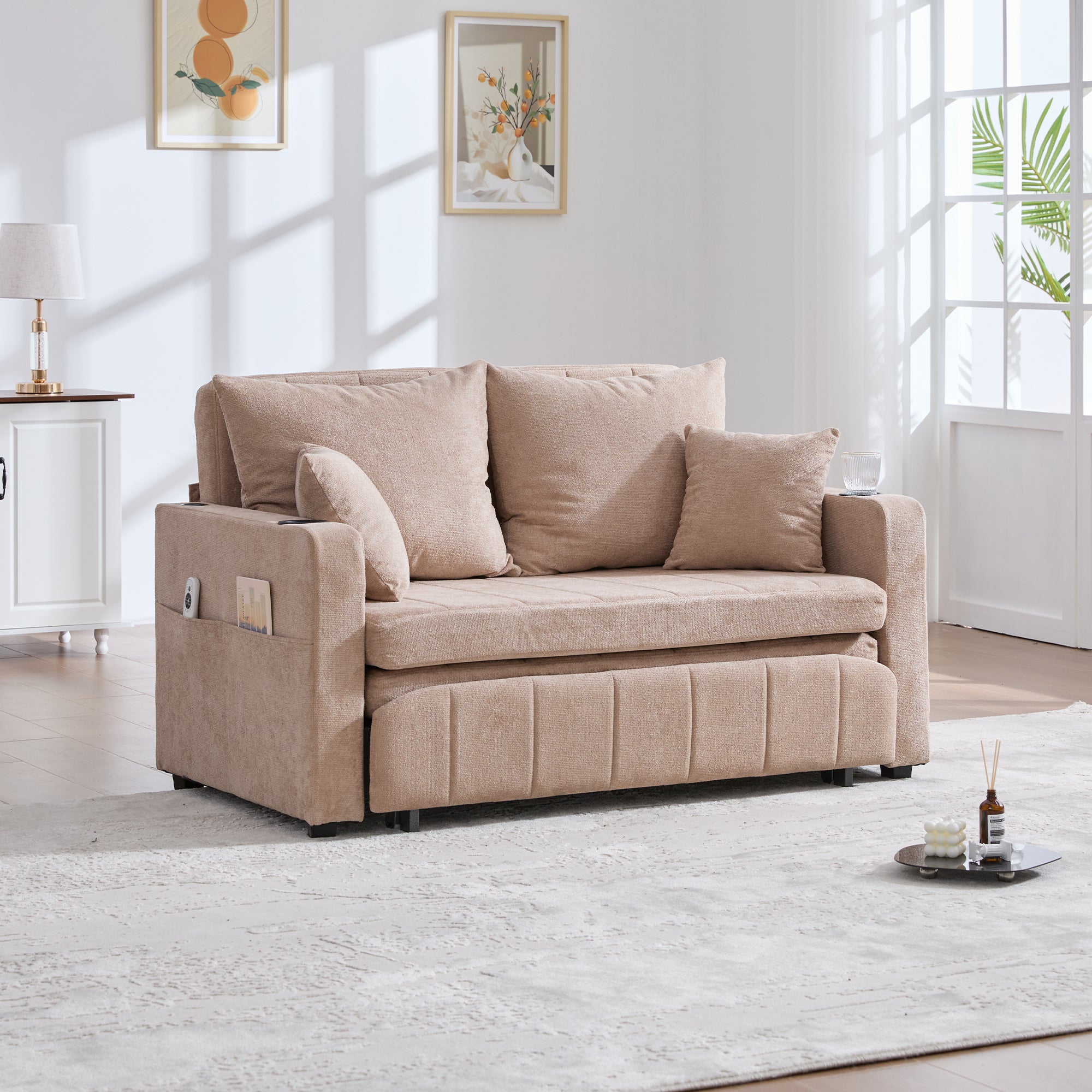 Multifunctional Sofa, Folding Pull-Out with Storage & USB, Fabric