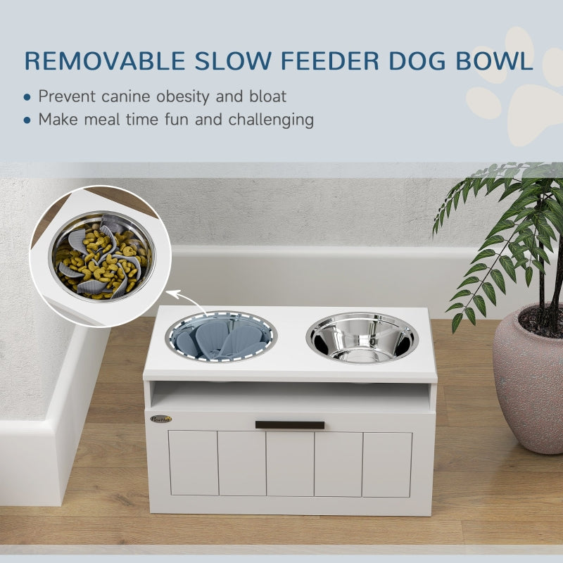 Raised Dog Bowl with Slow Feeder, Two Stainless Steel Bowls, Drawer, White