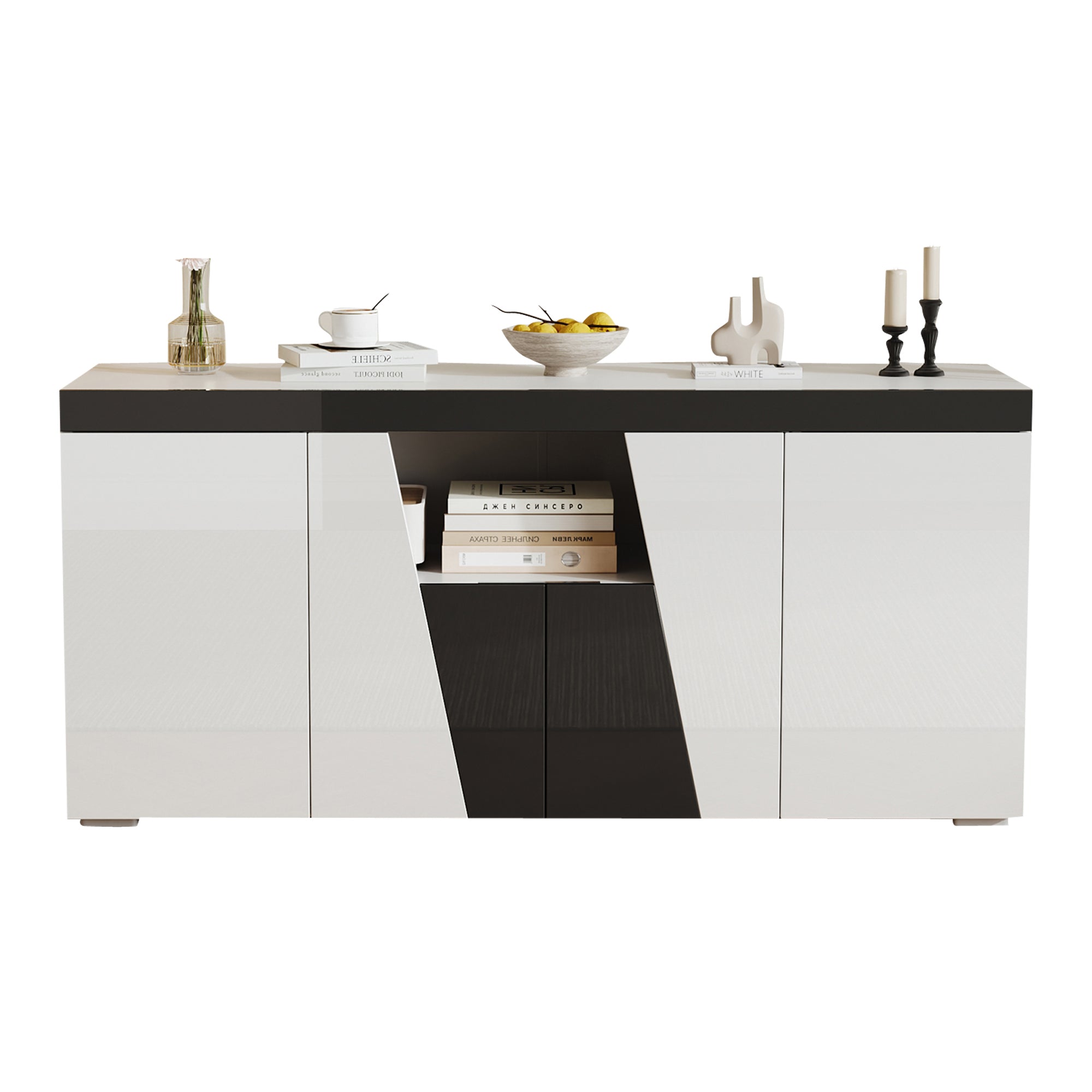 Living Room Sideboard with 4 Doors, Angled Design & LED Light Strip, Black and White Chipboard