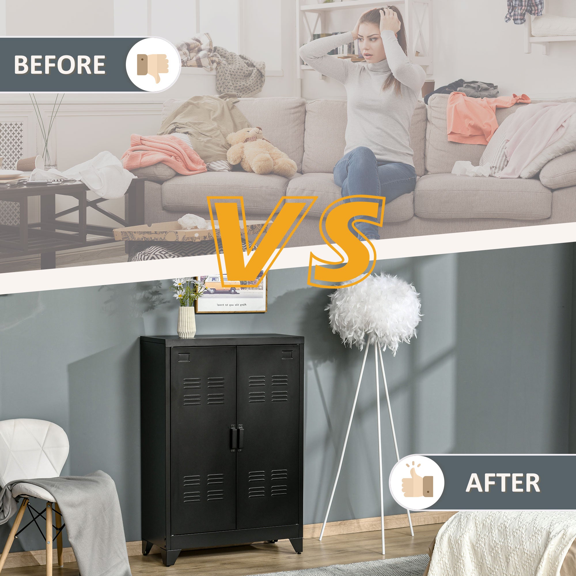 Filing Cabinet Sideboard, Louvre Doors, Storage Cabinet, Black