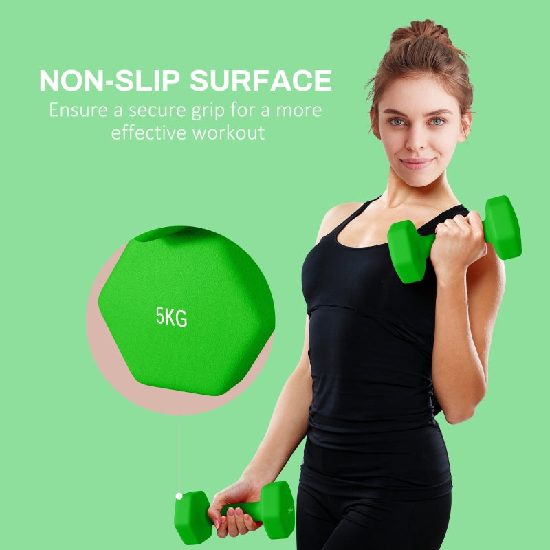 Hexagonal Dumbbells Weights Set, 2 x 5kg Non-Slip Grip, Green