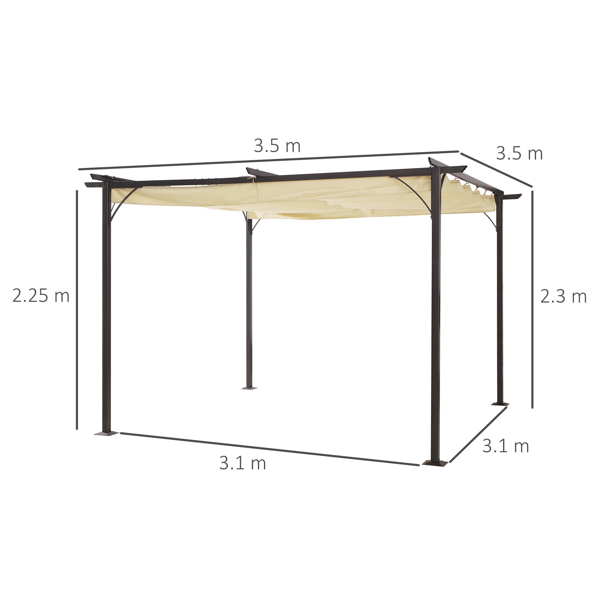 Metal Pergola Gazebo Awning, 3.5m Retractable Canopy Outdoor Sun Shade, Beige