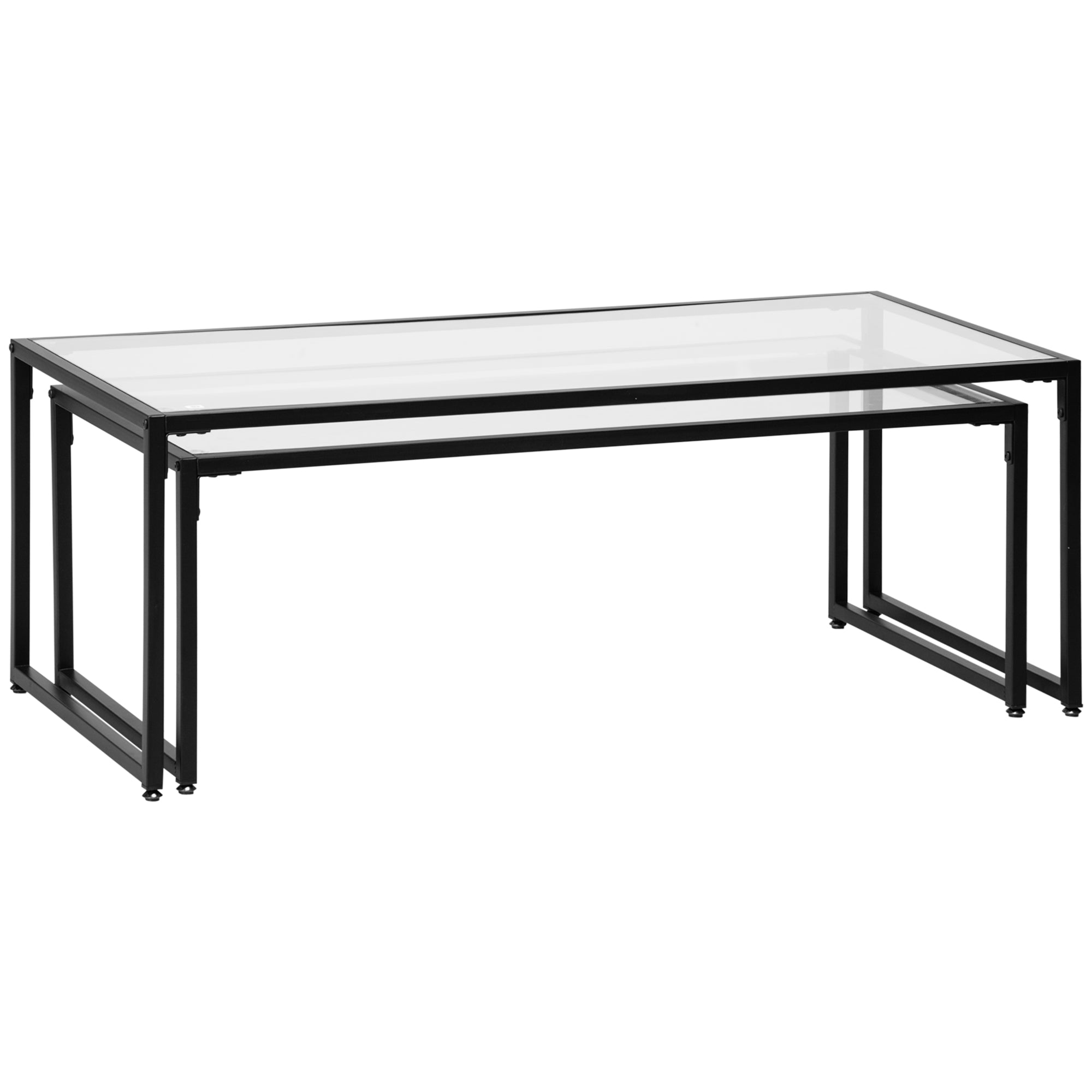 Coffee Table Set of 2 Nesting Side Table Glass Black Steel