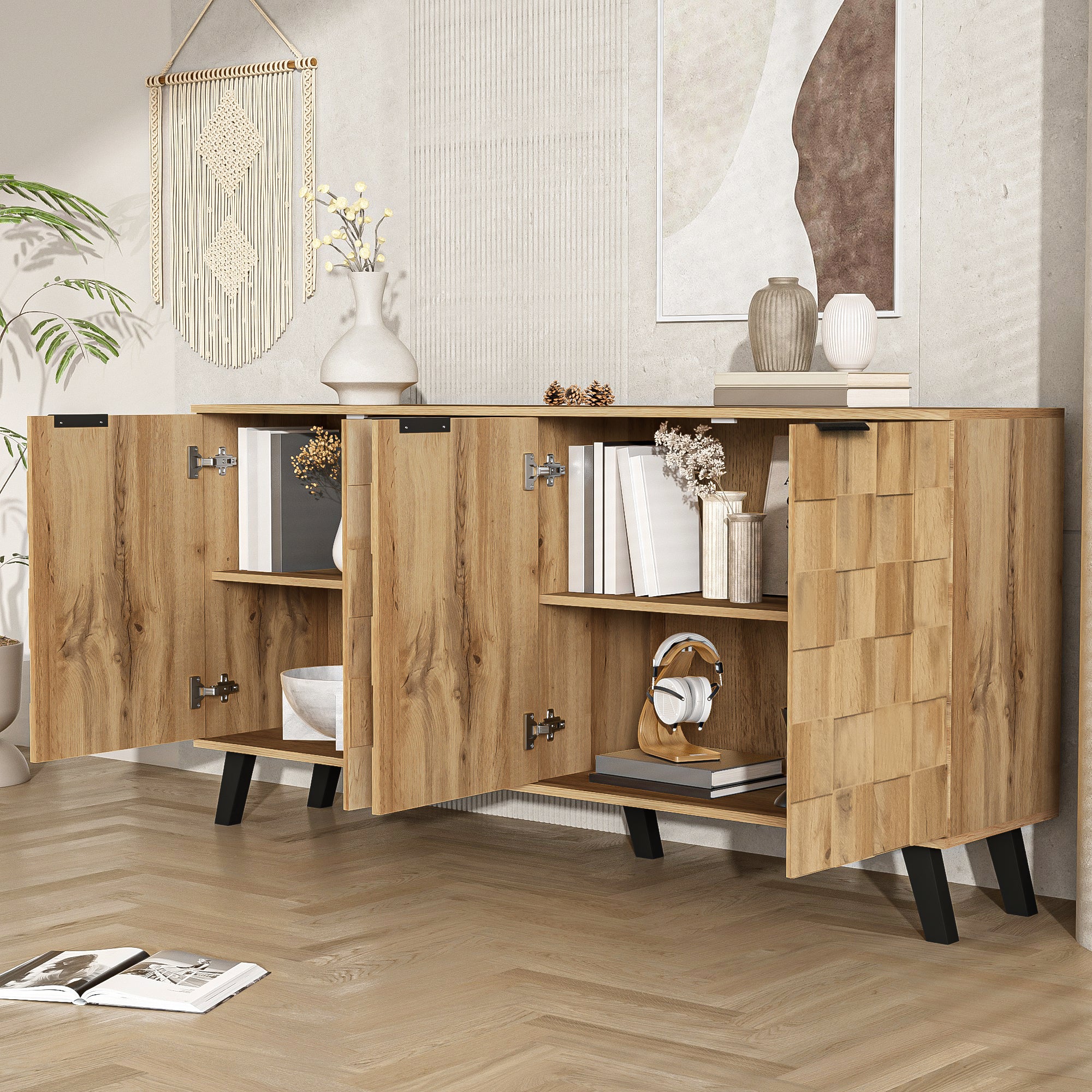 Sideboard, 4 Doors Storage, Wood Color