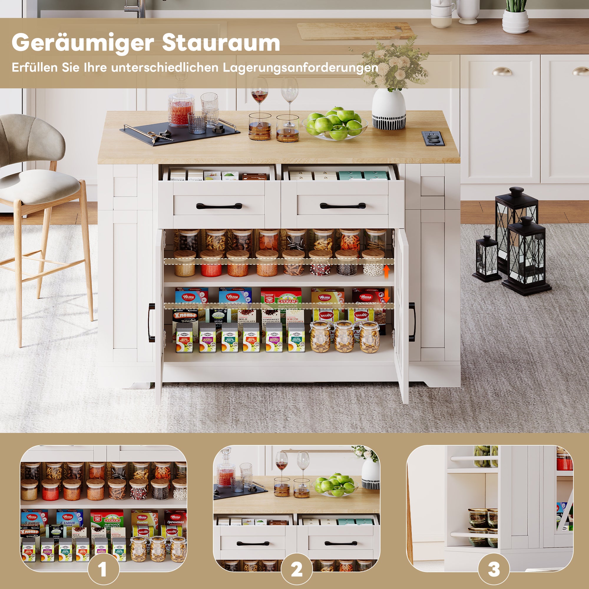 Portable Kitchen Island 120cm Folding Dining Table USB Charging Storage on Casters