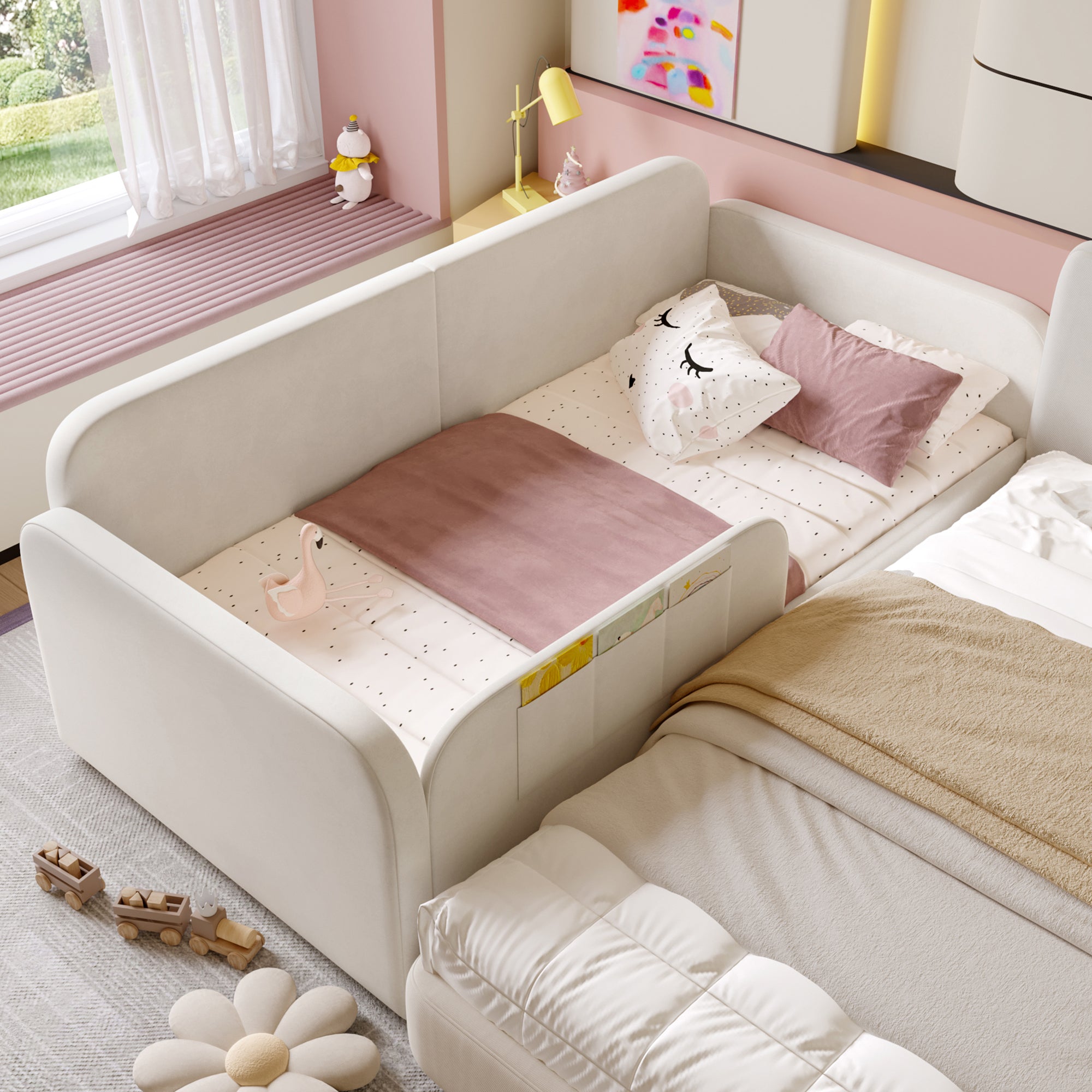 Children's Spliced Bed Upholstered Daybed Sofa Storage Drawers 90x200cm, White Velvet