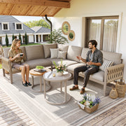 Garden Lounge Set Modular 5-6 Seater Adjustable Legs Water-Repellent Cushions - Beige