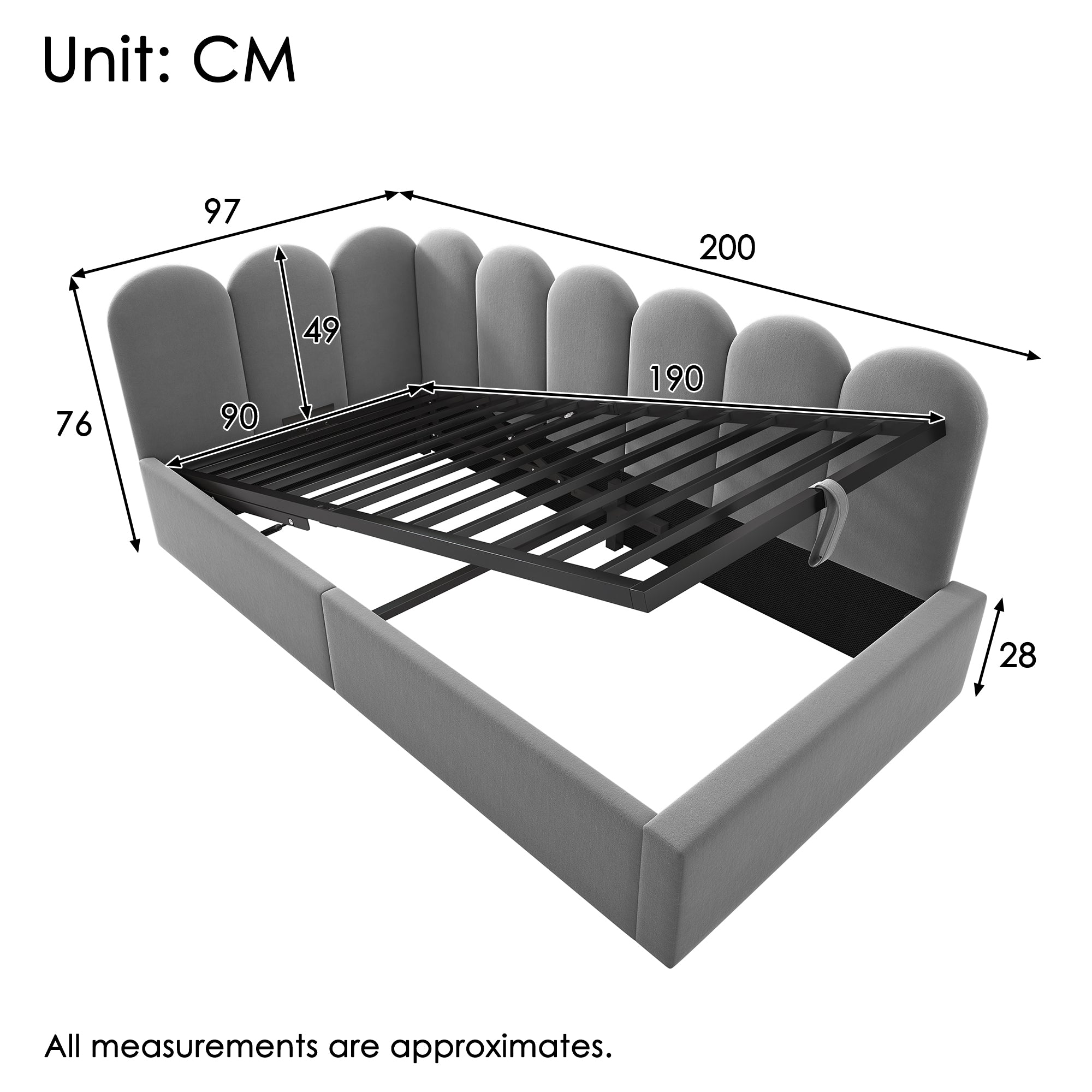 Daybed, Upholstered Sofa Bed with Hydraulic Storage, 90x190 cm, Velvet Gray