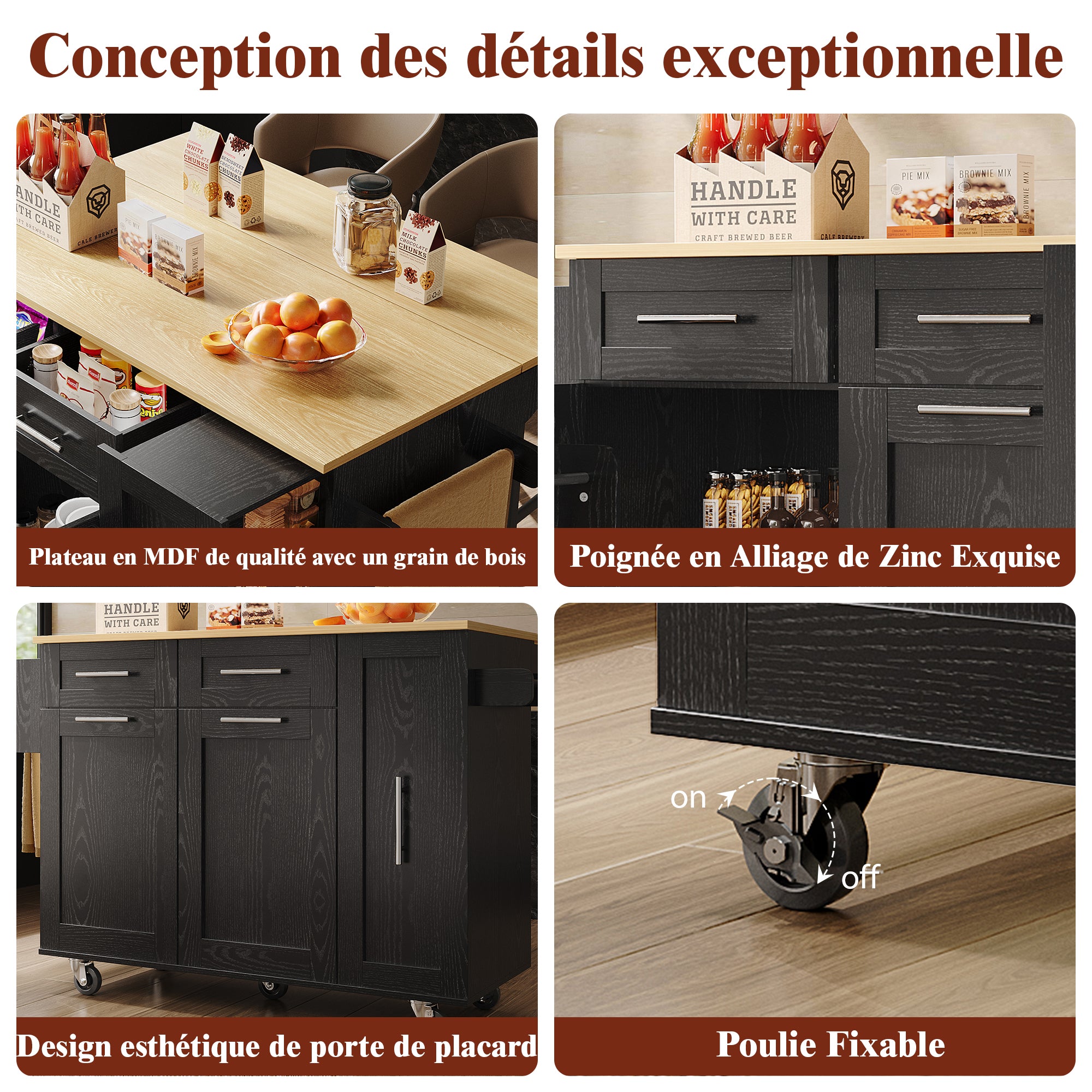 Kitchen Island, Buffet Cabinet Dining Cart with Storage, Black