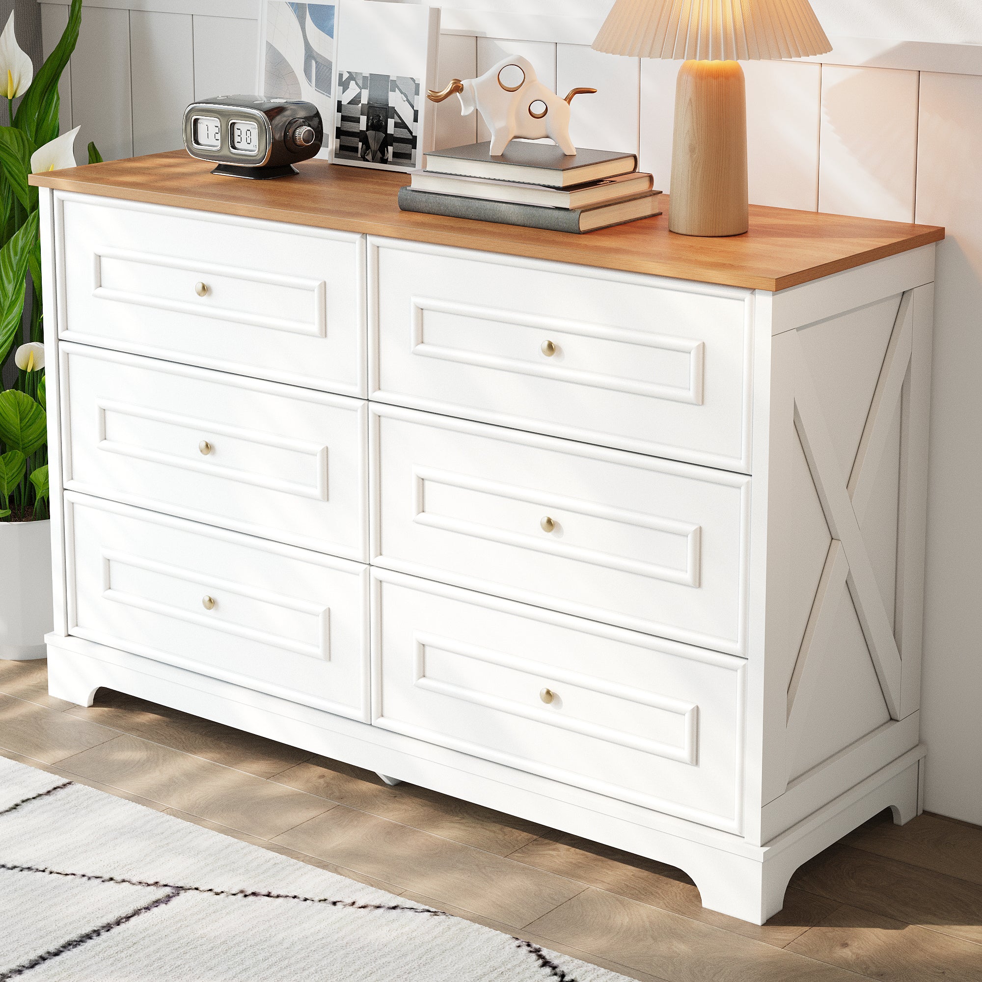 Sideboard, Six-Drawer Minimalist Design, Natural and White